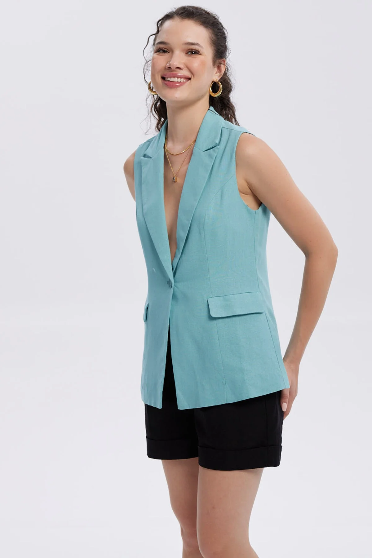 Blazer Mujer Lino 2 Bolsillos Celeste - Image 2