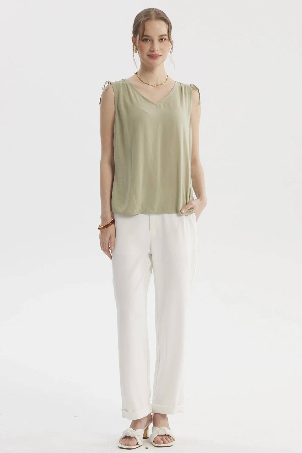 Blusa Mujer Blusa Amarra Aplicación Verde - Image 4