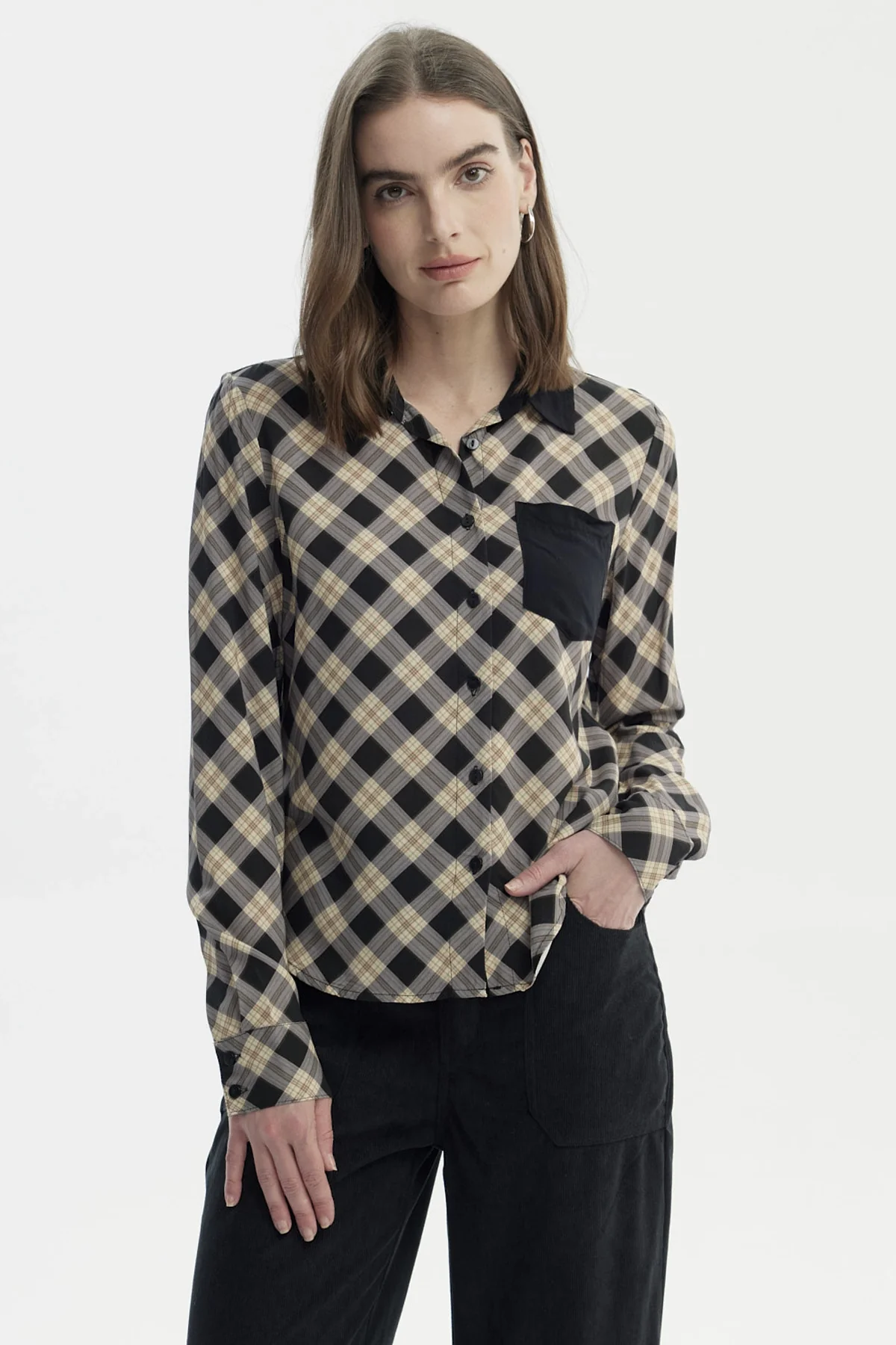 Blusa Mujer Cuello Camisero Y Diseño Negro/Beige