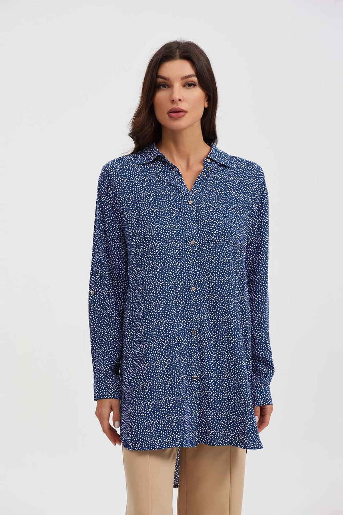 Blusa Mujer Larga Con Botón Parche Azul