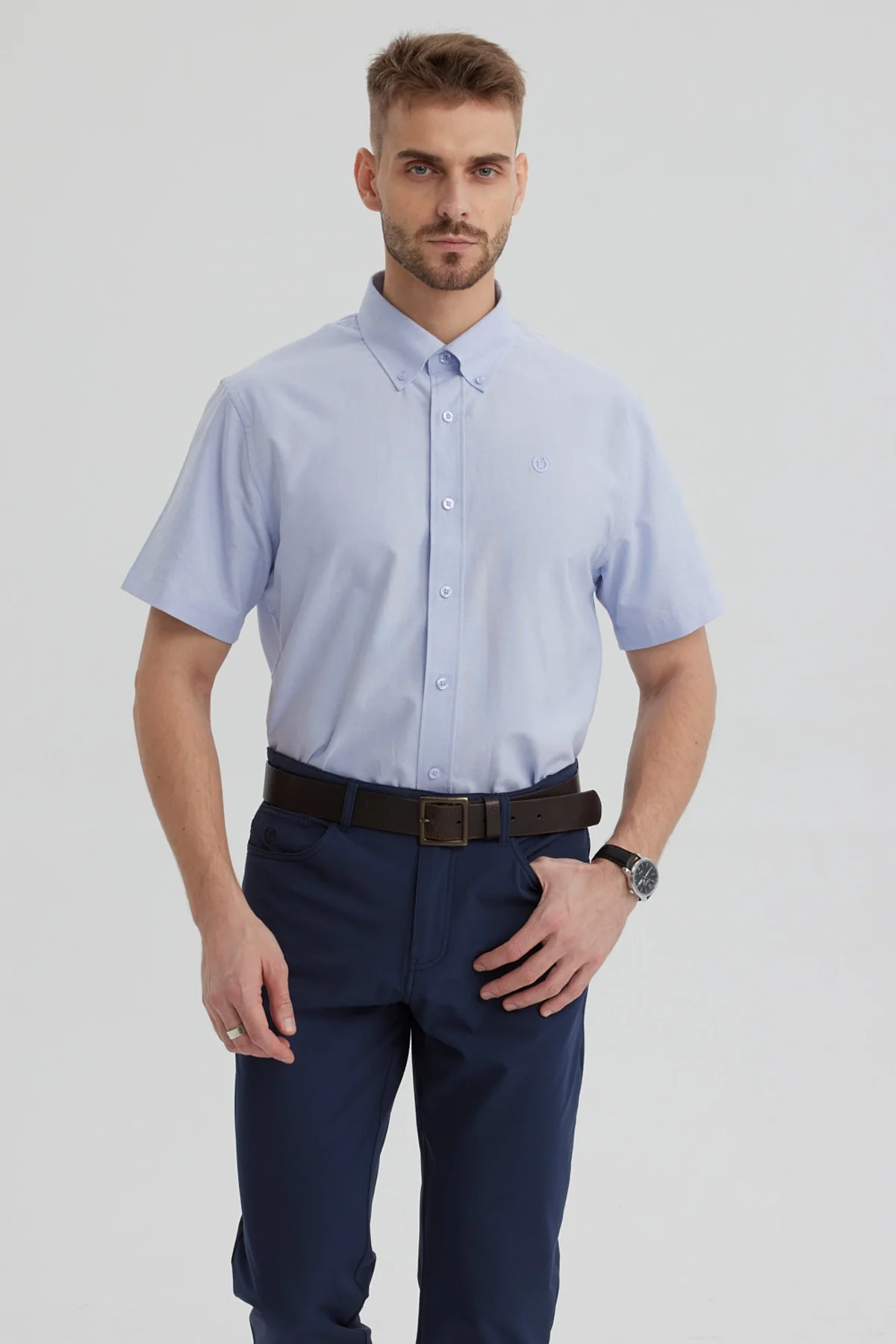 Camisa Hombre Oxford Con Logo Celeste