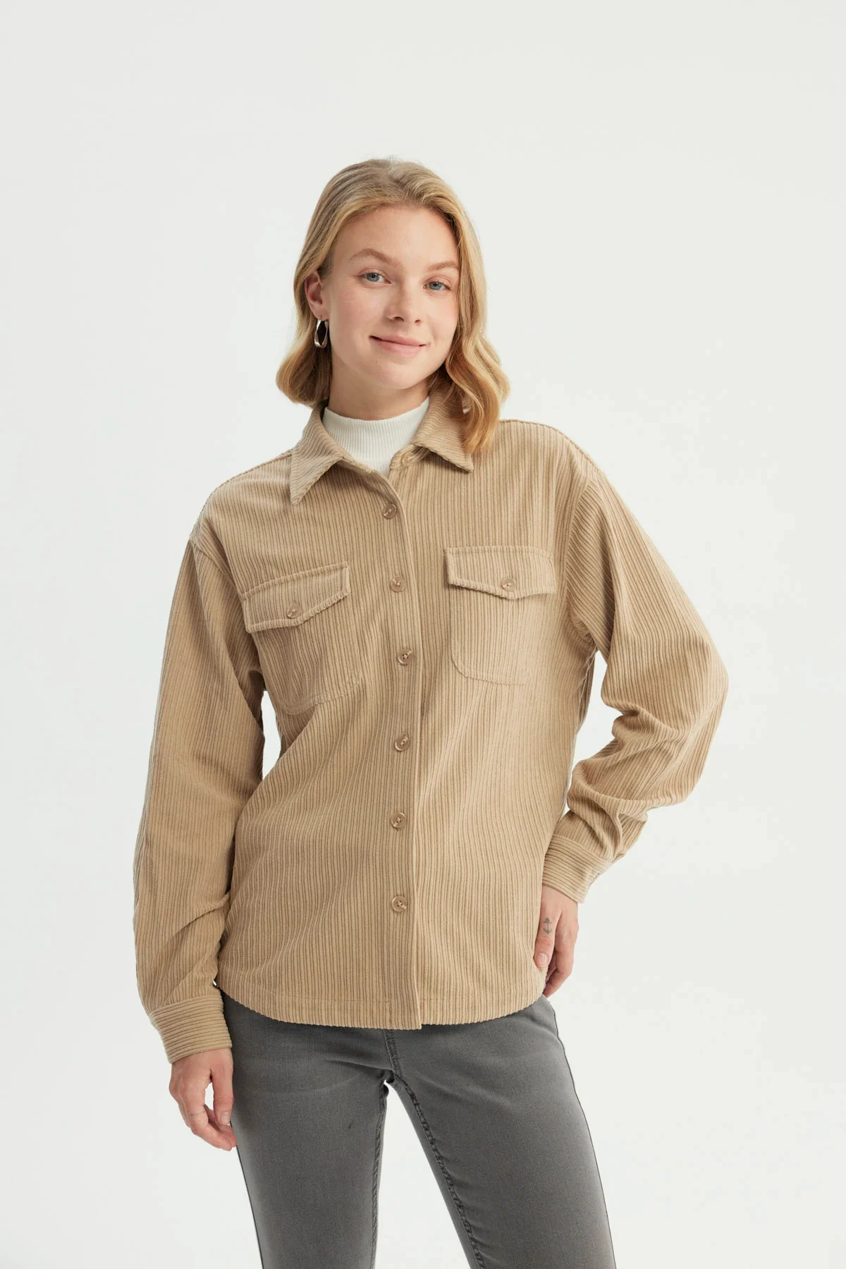 Chaqueta Mujer Oversize Cuello Polo Beige