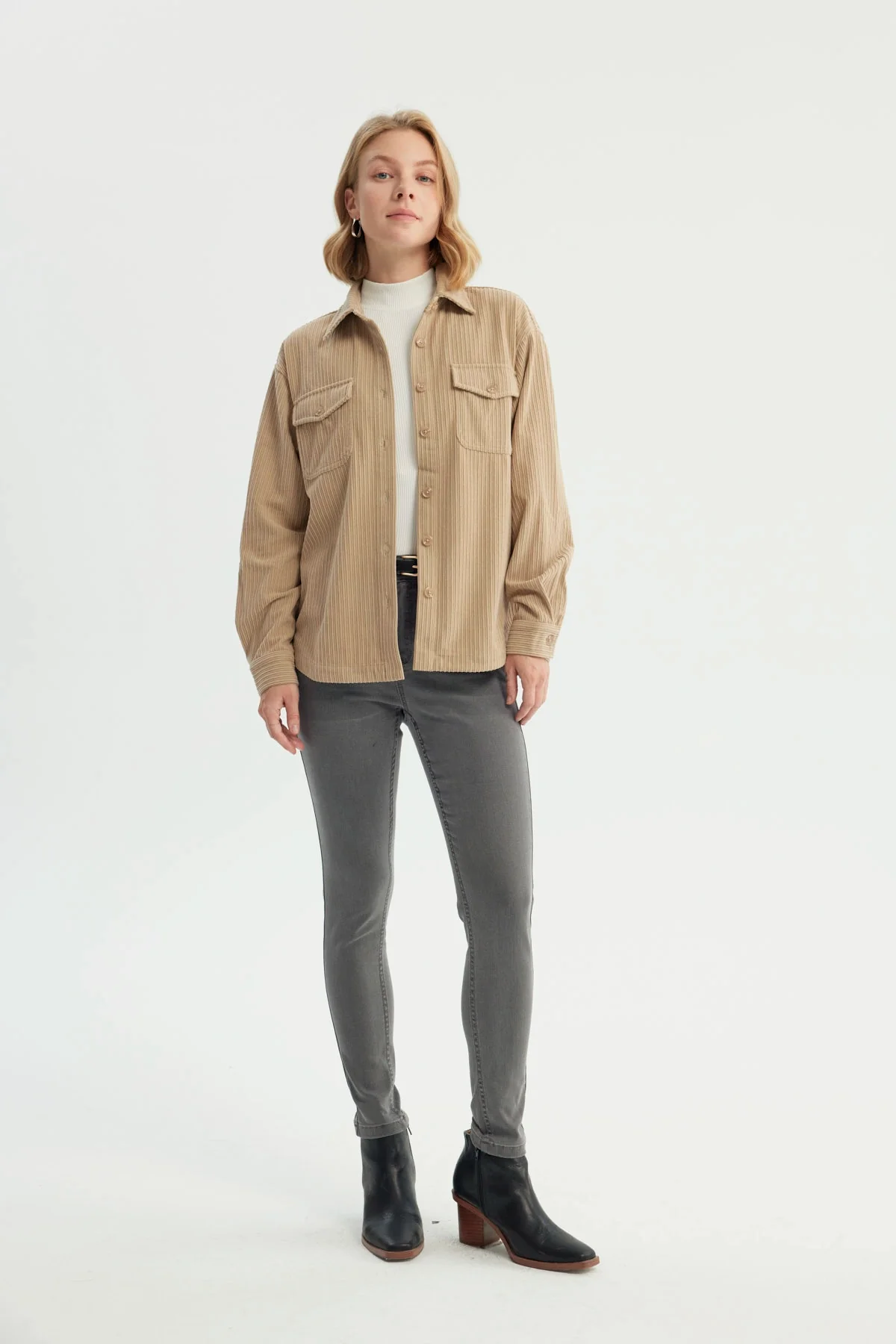 Chaqueta Mujer Oversize Cuello Polo Beige - Image 4