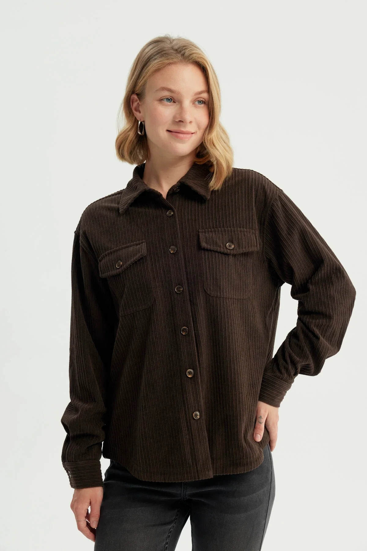 Chaqueta Mujer Oversize Cuello Polo Chocolate