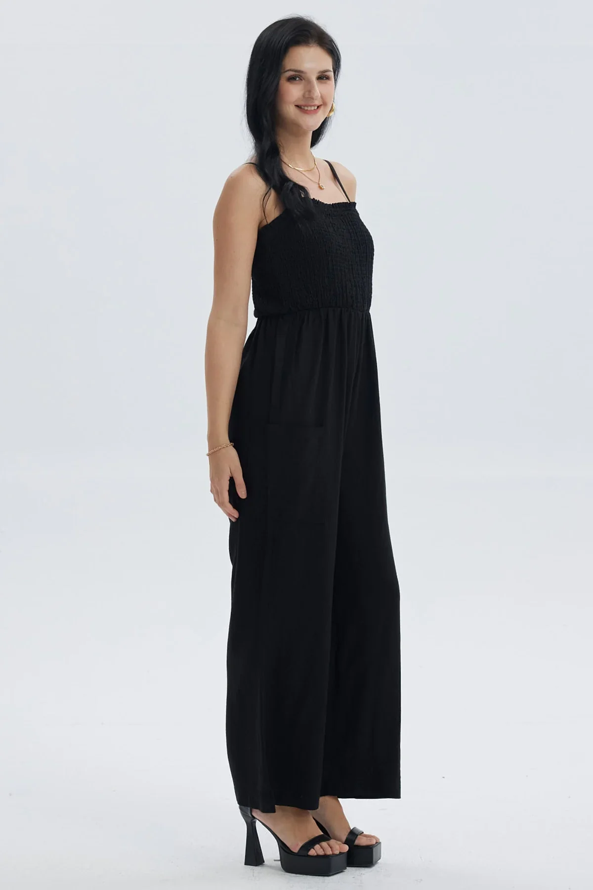 Enteritos Mujer Largo Lino Aplicación Negro - Image 3