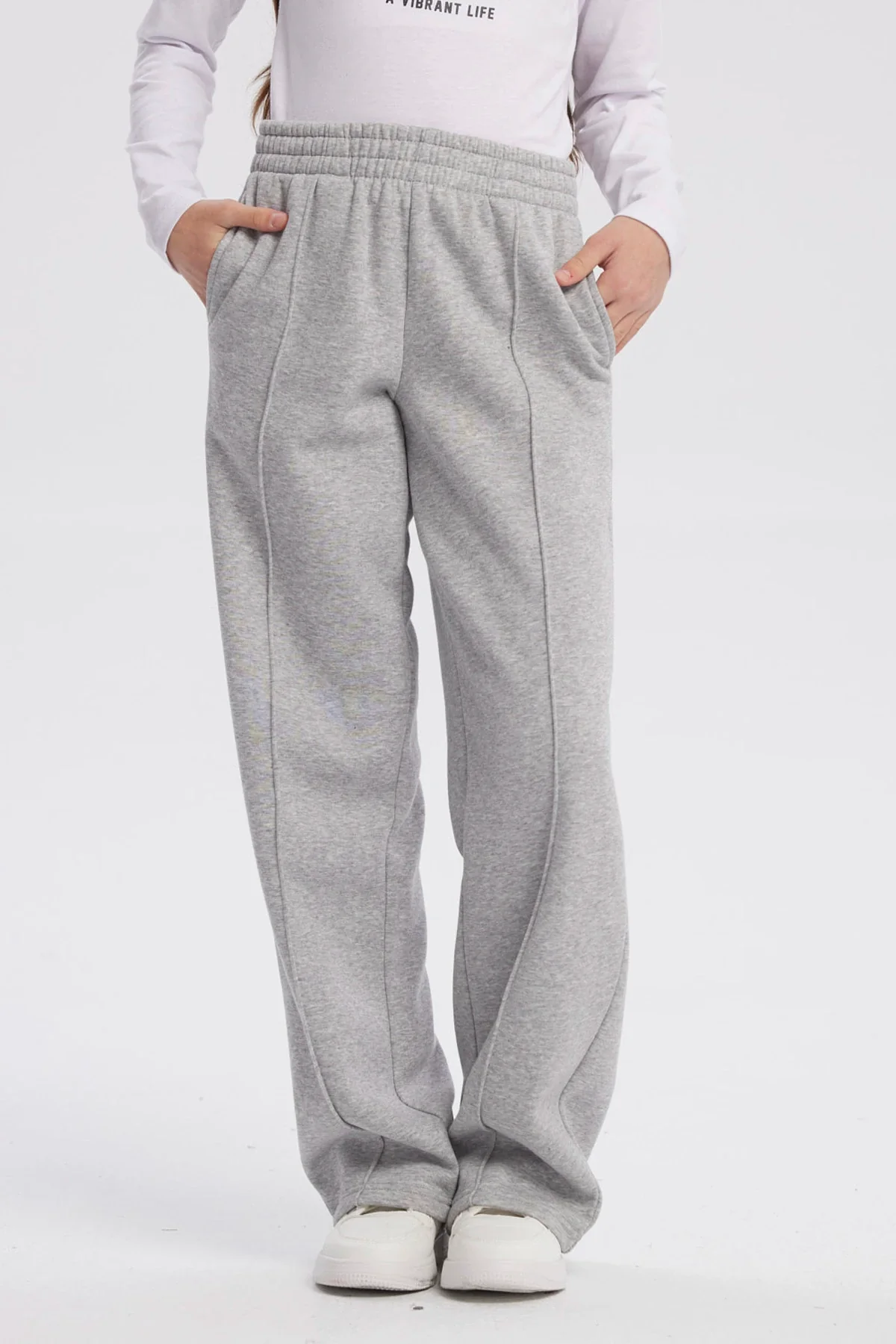 Pantalón Buzo Niña Wide Leg Gris Melange