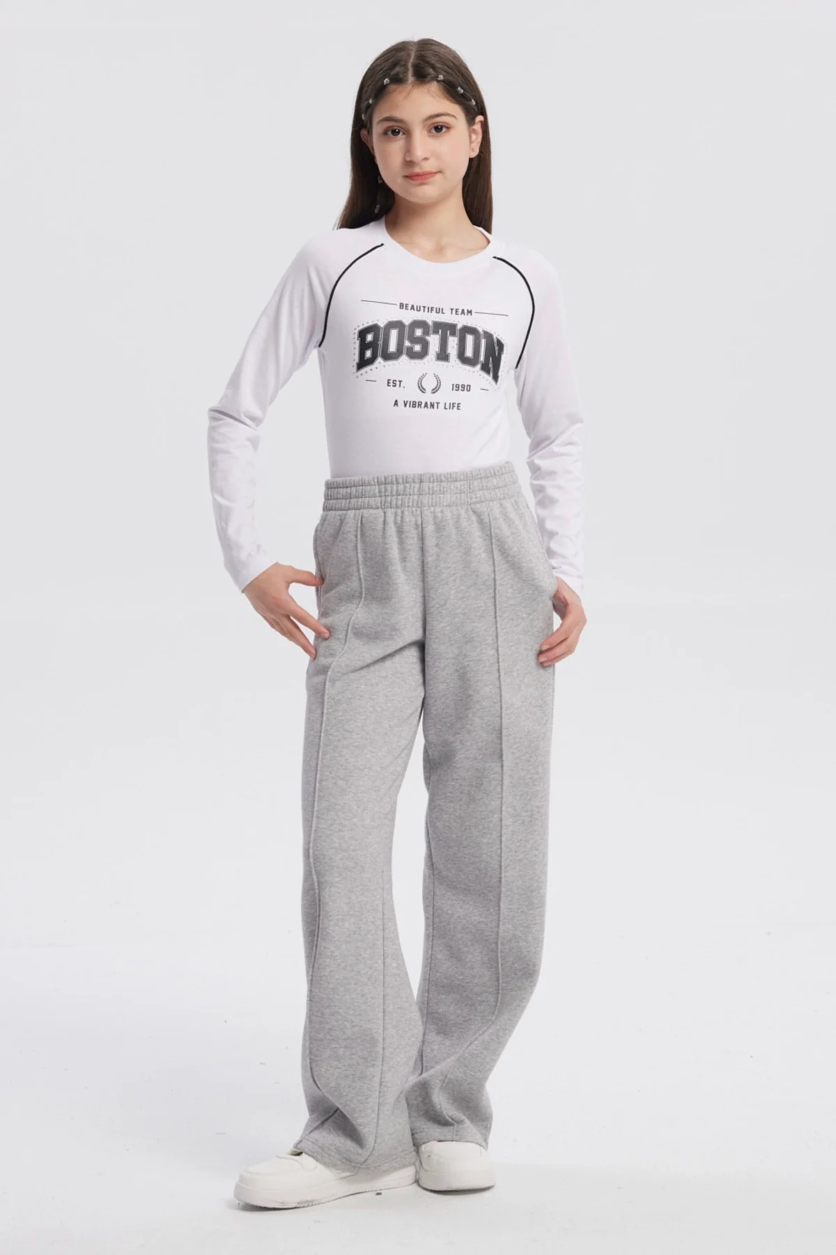 Pantalón Buzo Niña Wide Leg Gris Melange - Image 4