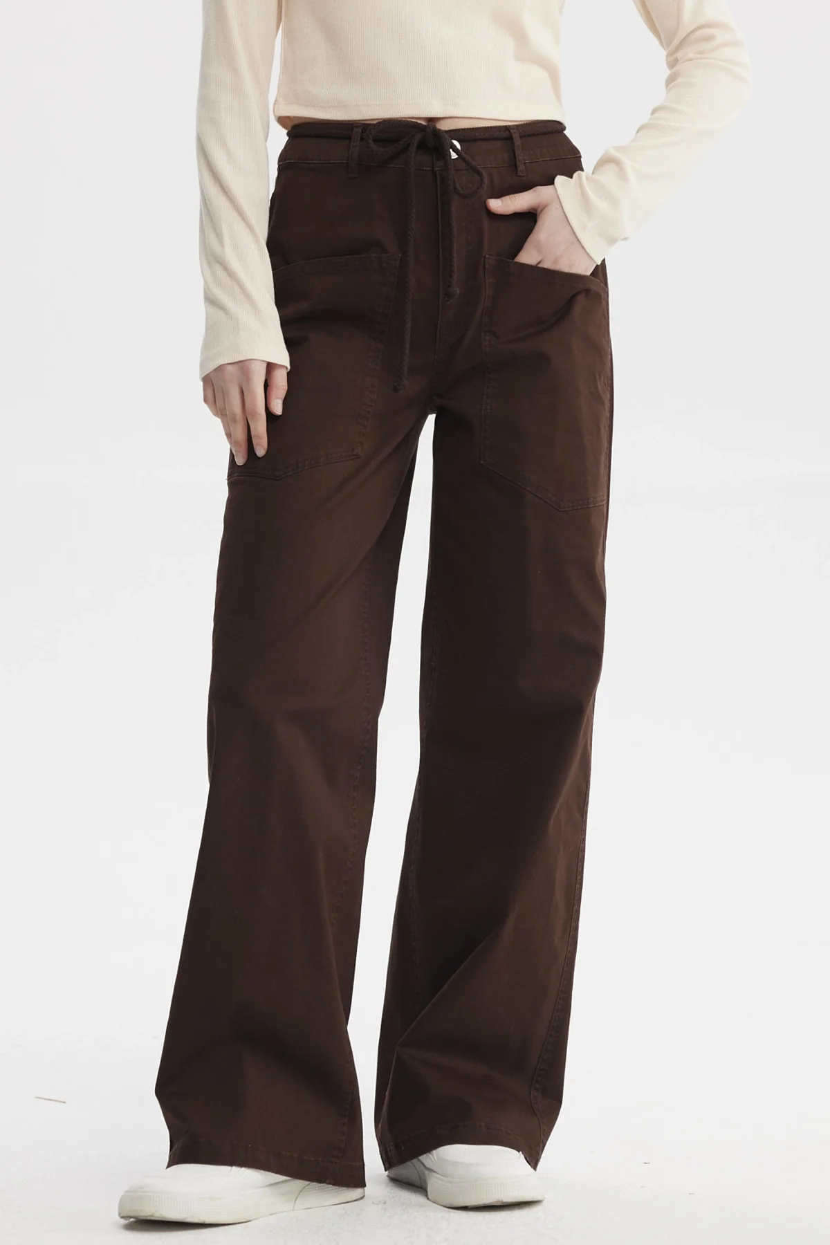 Pantalón Mujer Con Cordón Calce Recto Café Oscuro