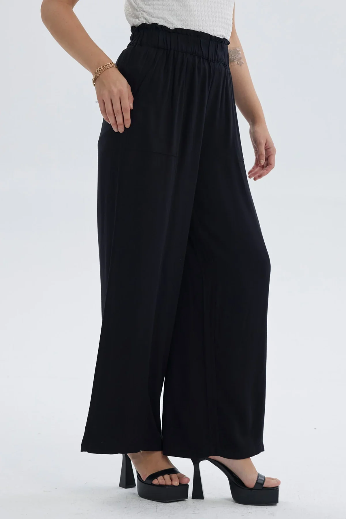 Pantalón Mujer Palazzo Liso Pretina Elasticada Negro - Image 2