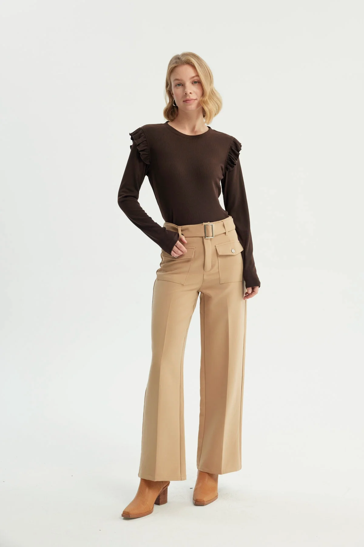 Pantalón Mujer Wide Leg Beige - Image 4