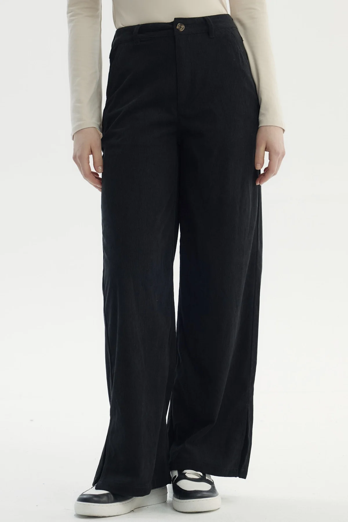 Pantalón Mujer Wide Leg Cotelé Negro