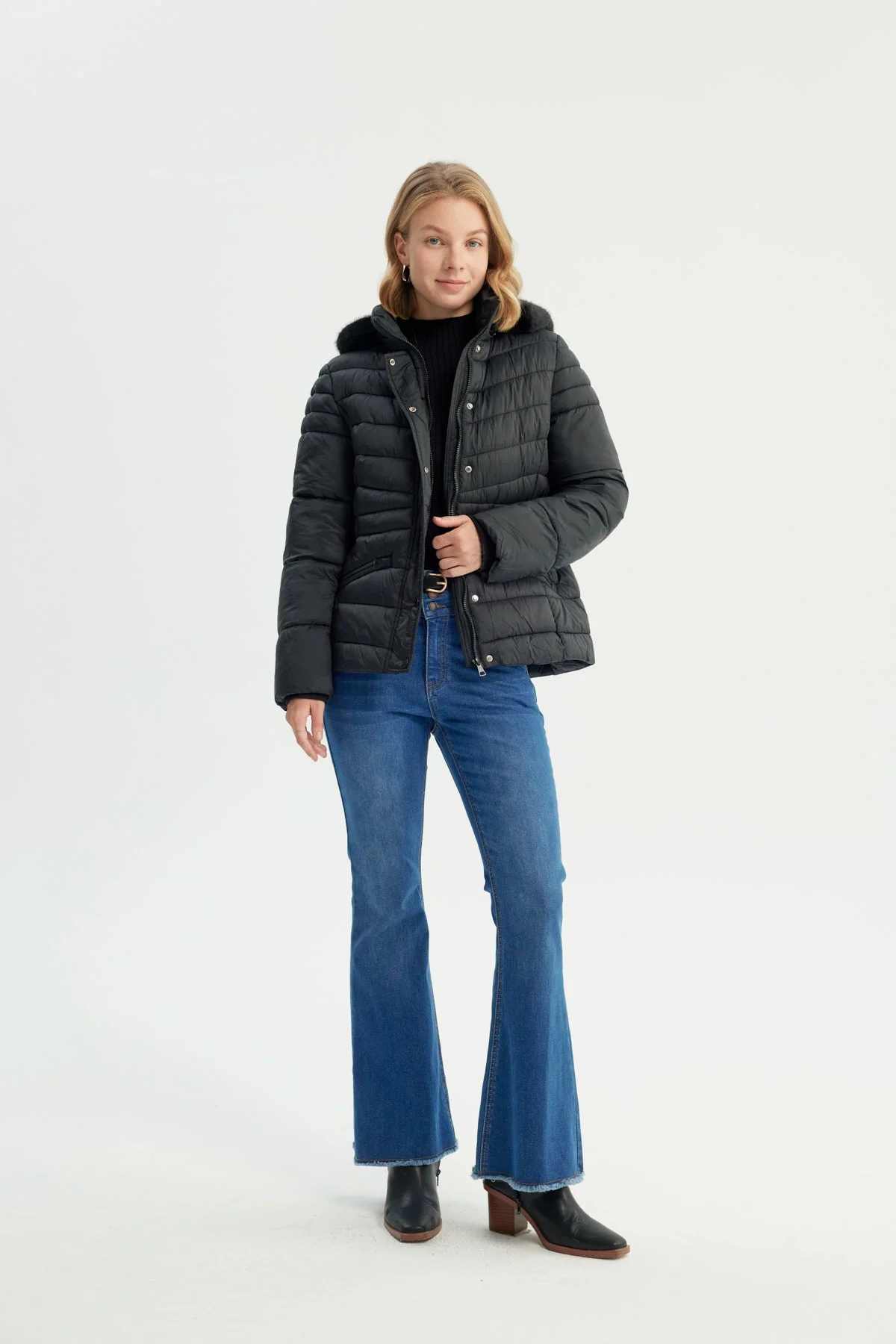 Parka Mujer Cuello Con Gorro Y Piel Negro - Image 4