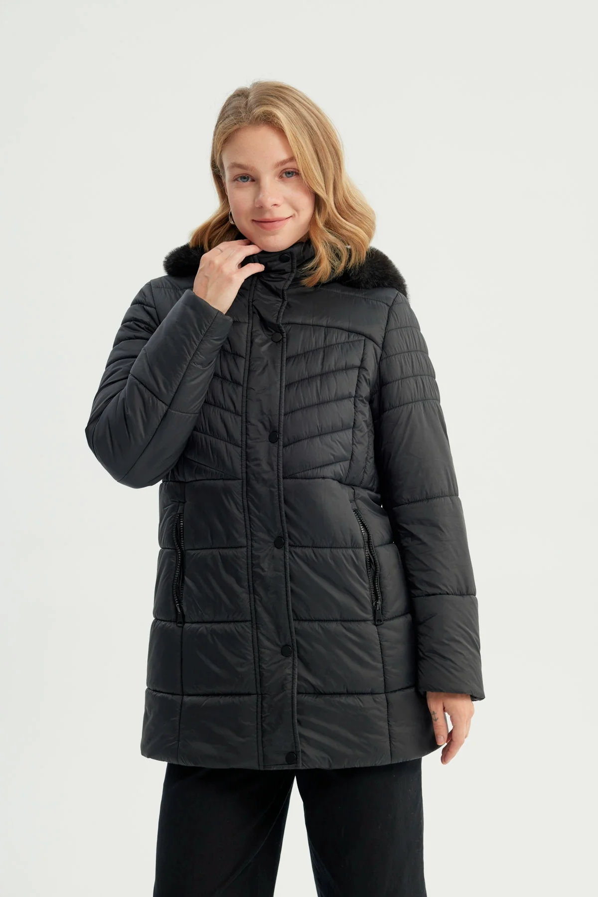 Parka Mujer Larga Cuello Con Gorro Negro
