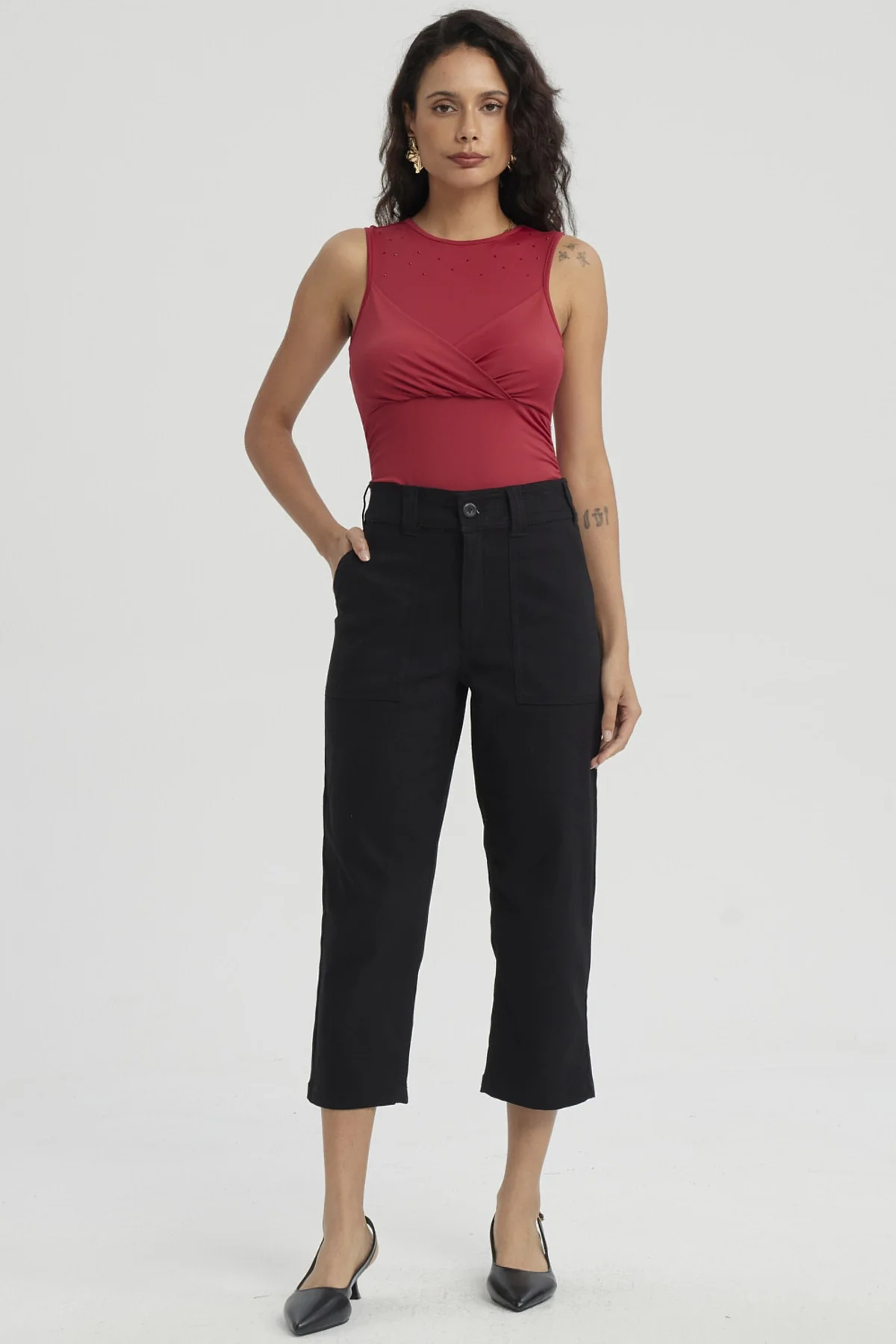 Pescador Mujer Gabardina Bolsillo Cargo Negro - Image 4