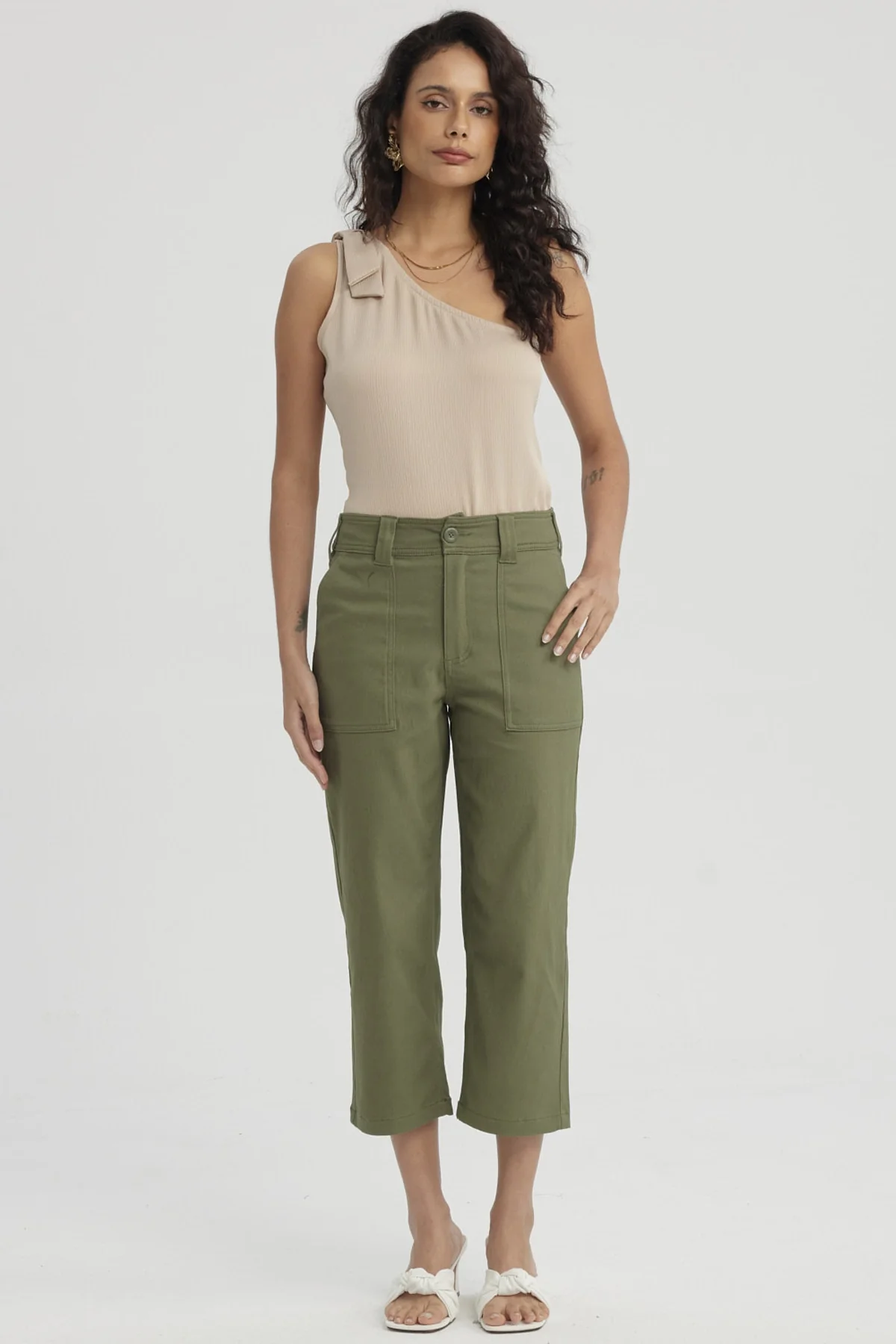 Pescador Mujer Gabardina Bolsillo Cargo Verde Musgo - Image 4