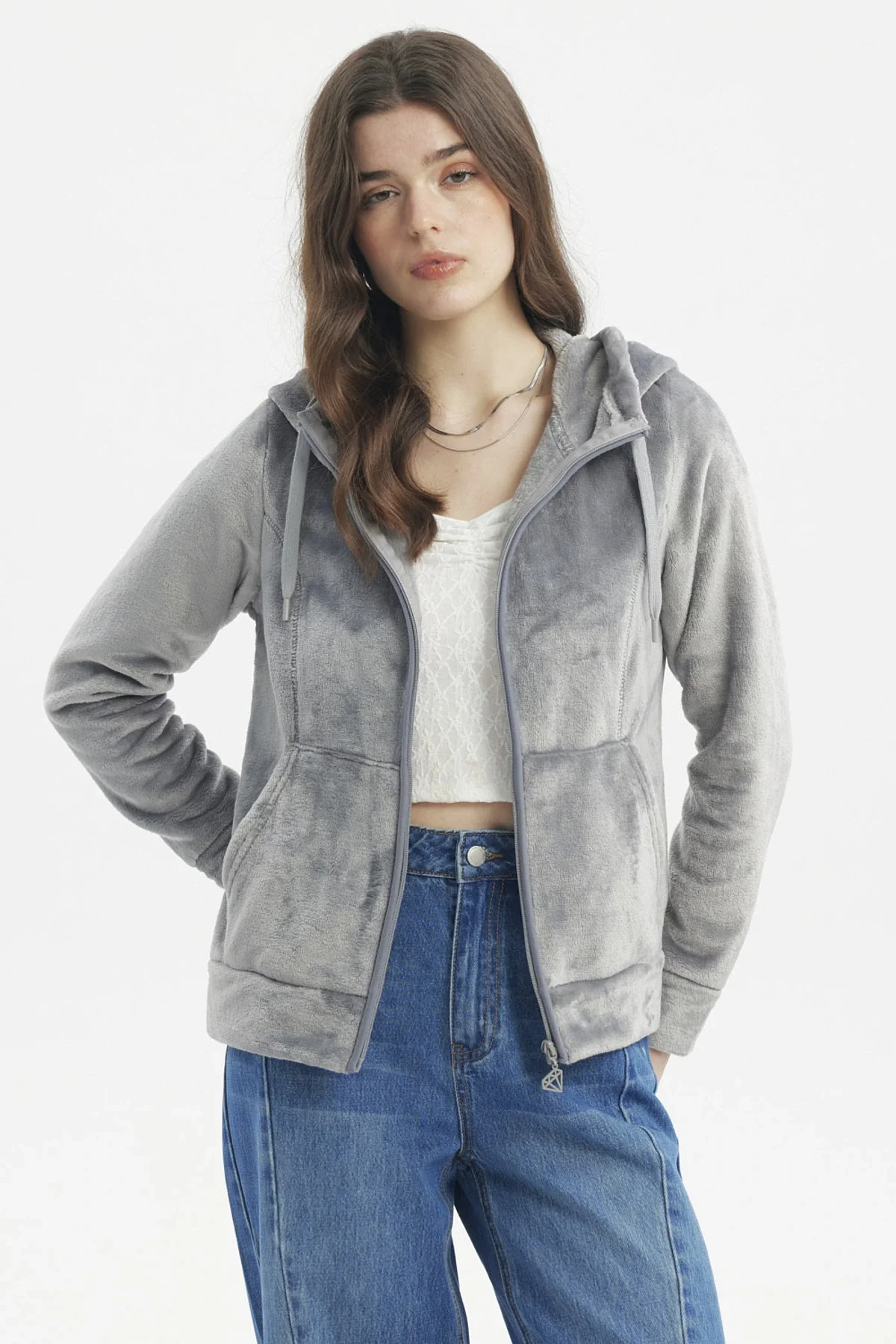 Polar Mujer Abierto Plush Gris Oscuro