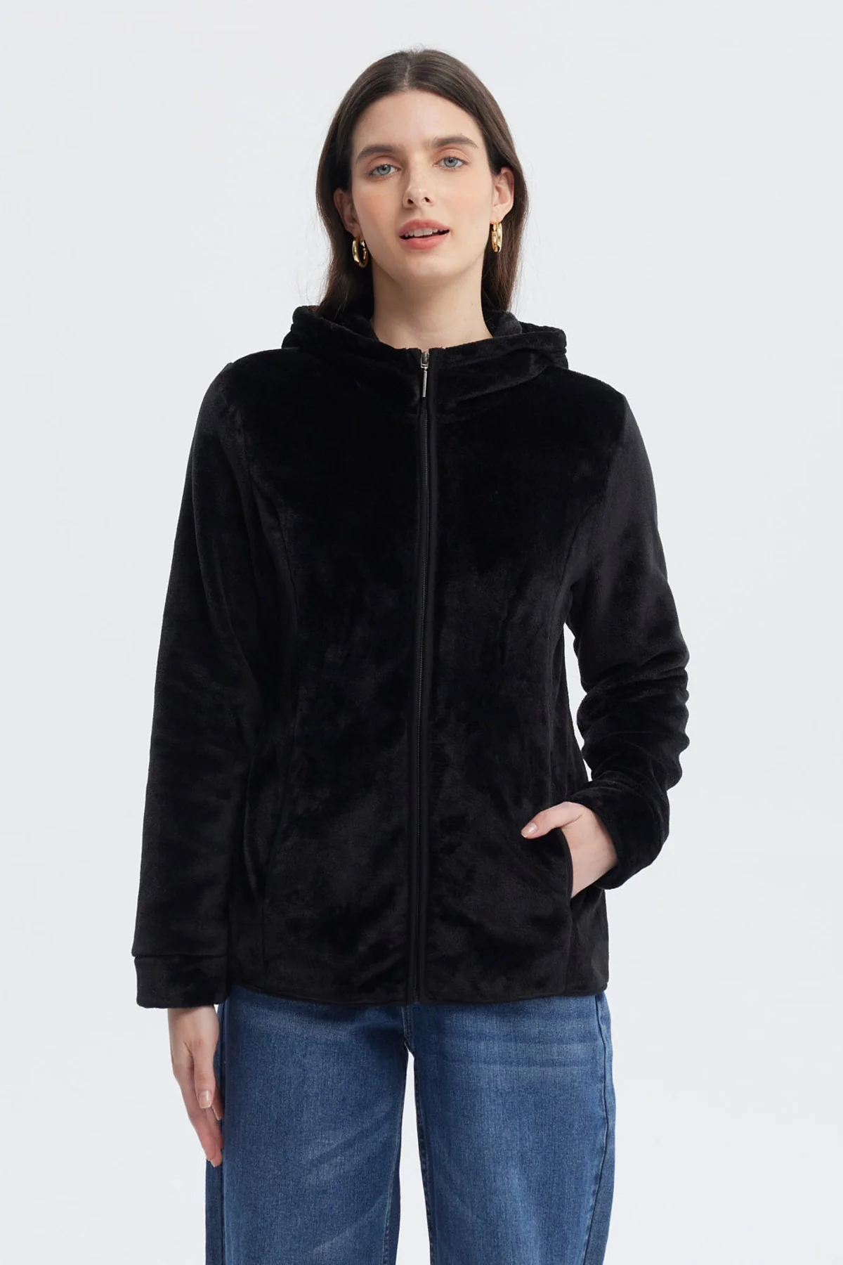 Polar Mujer Básico Plush Con Cierre Negro