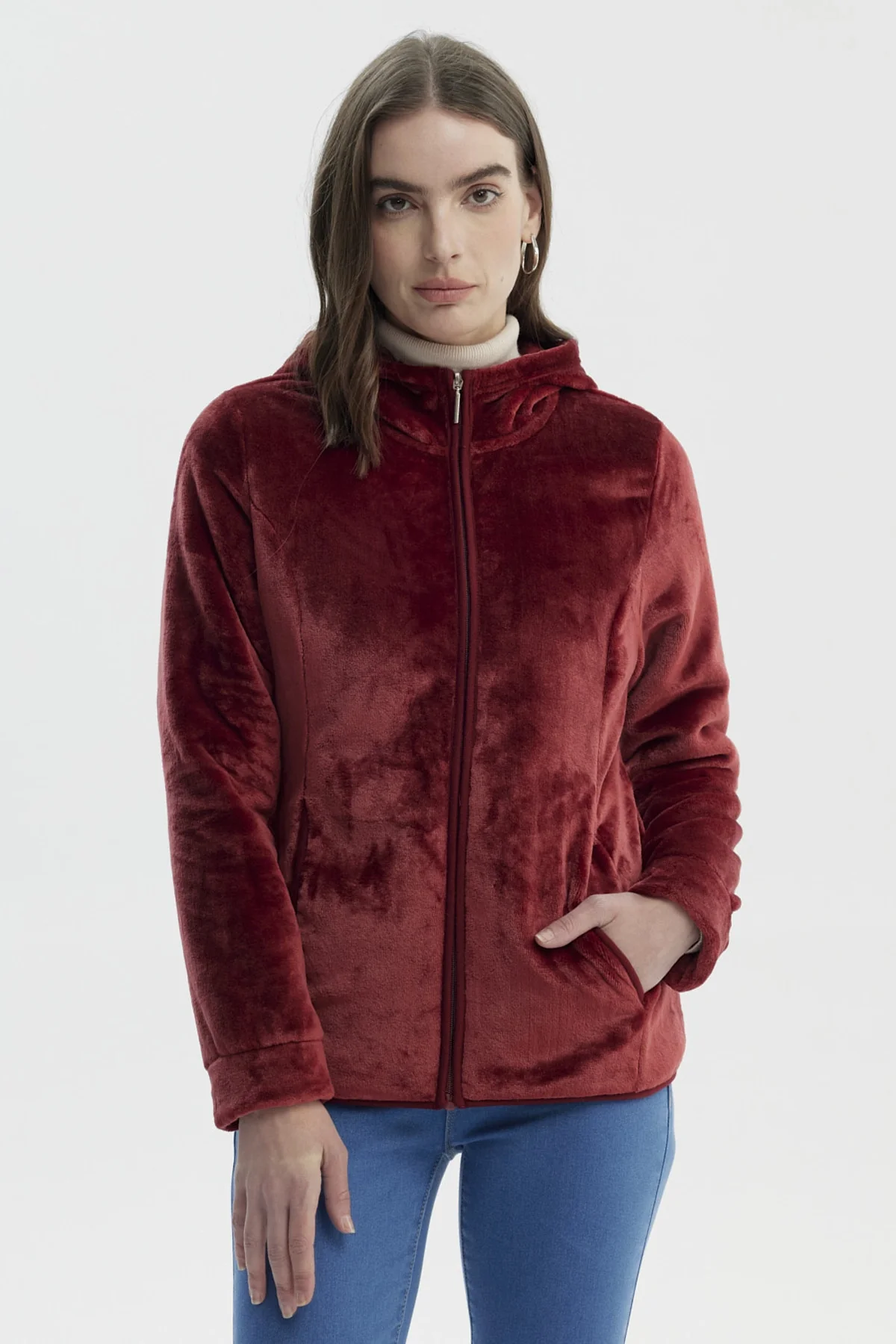 Polar Mujer Básico Plush Con Cierre Rojo Oscuro