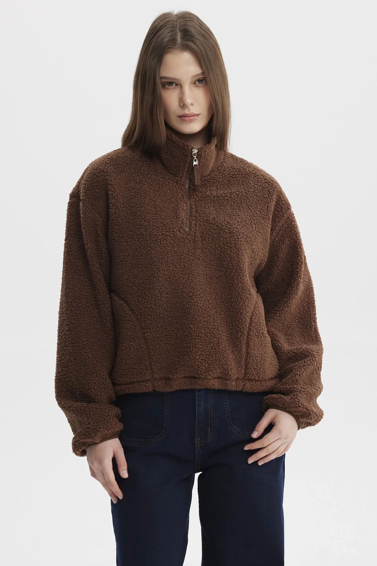 Polar Mujer Corderito Medio Cierre Café Oscuro