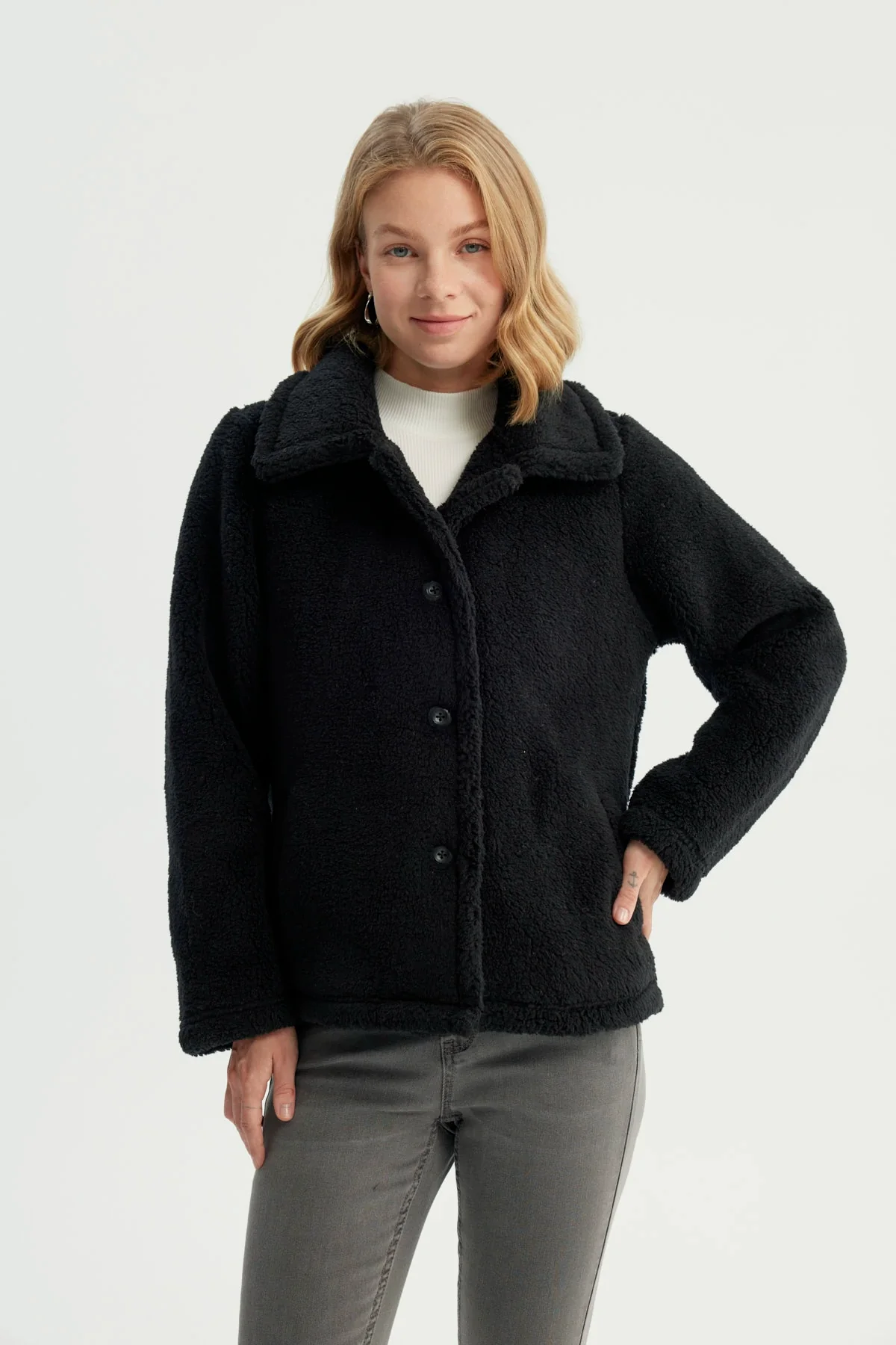 Polar Mujer Cuello Camisero Abotonado Negro