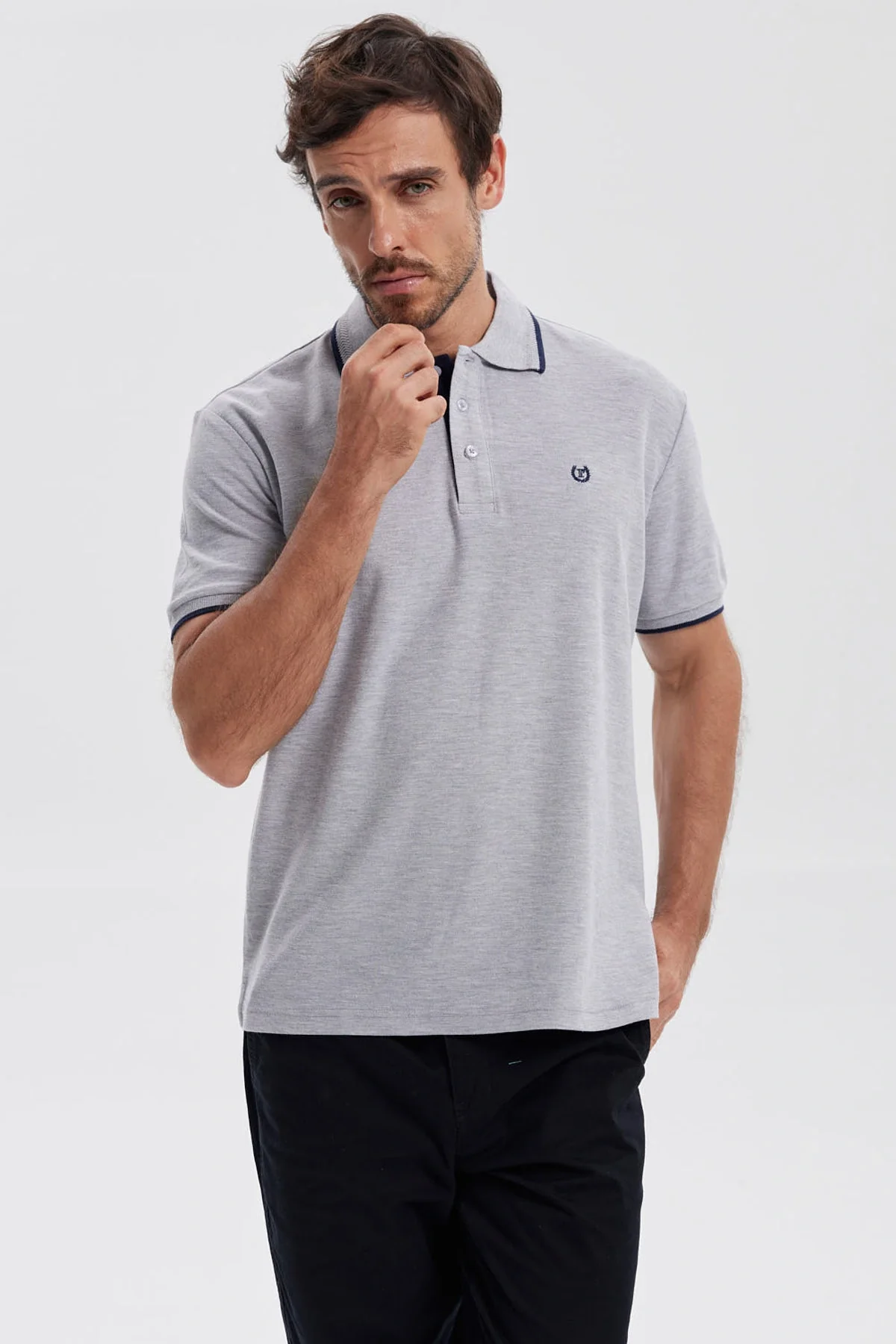 Polera Hombre Pique Básica Lisa Gris Melange