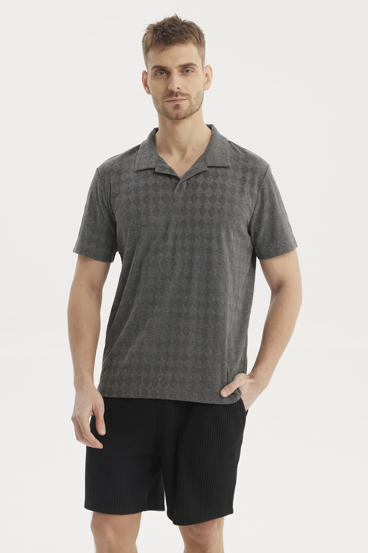 Polera Hombre Slim Cuello Camisero Gris Melange