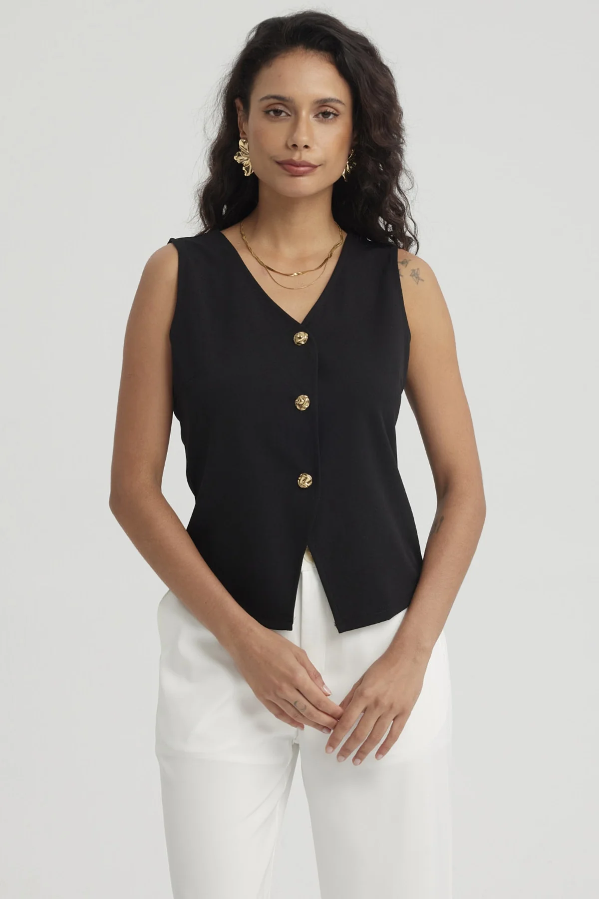 Polera Mujer 3 Botones Negro