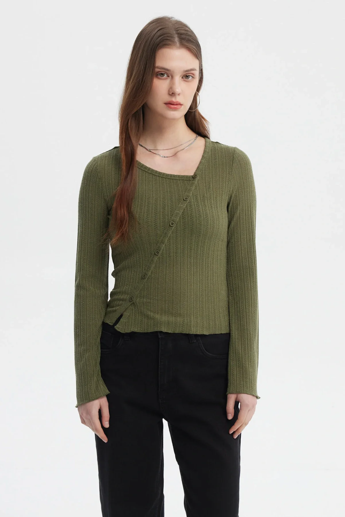 Polera Mujer Asimétrica Botones Verde Militar Claro