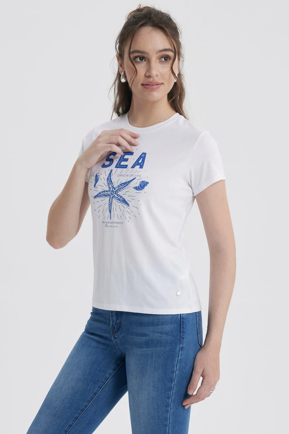 Polera Mujer Básica Print Blanco / Azul Marino / Celeste - Image 2