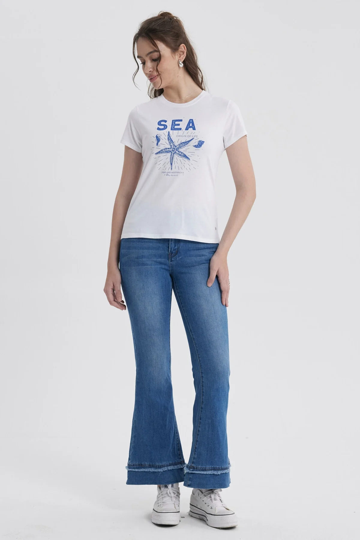 Polera Mujer Básica Print Blanco / Azul Marino / Celeste - Image 4