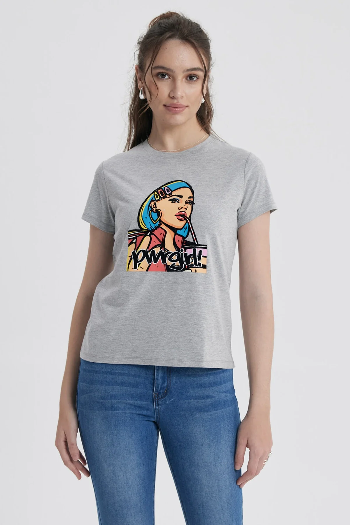 Polera Mujer Básica Print Gris Melange / Rosado