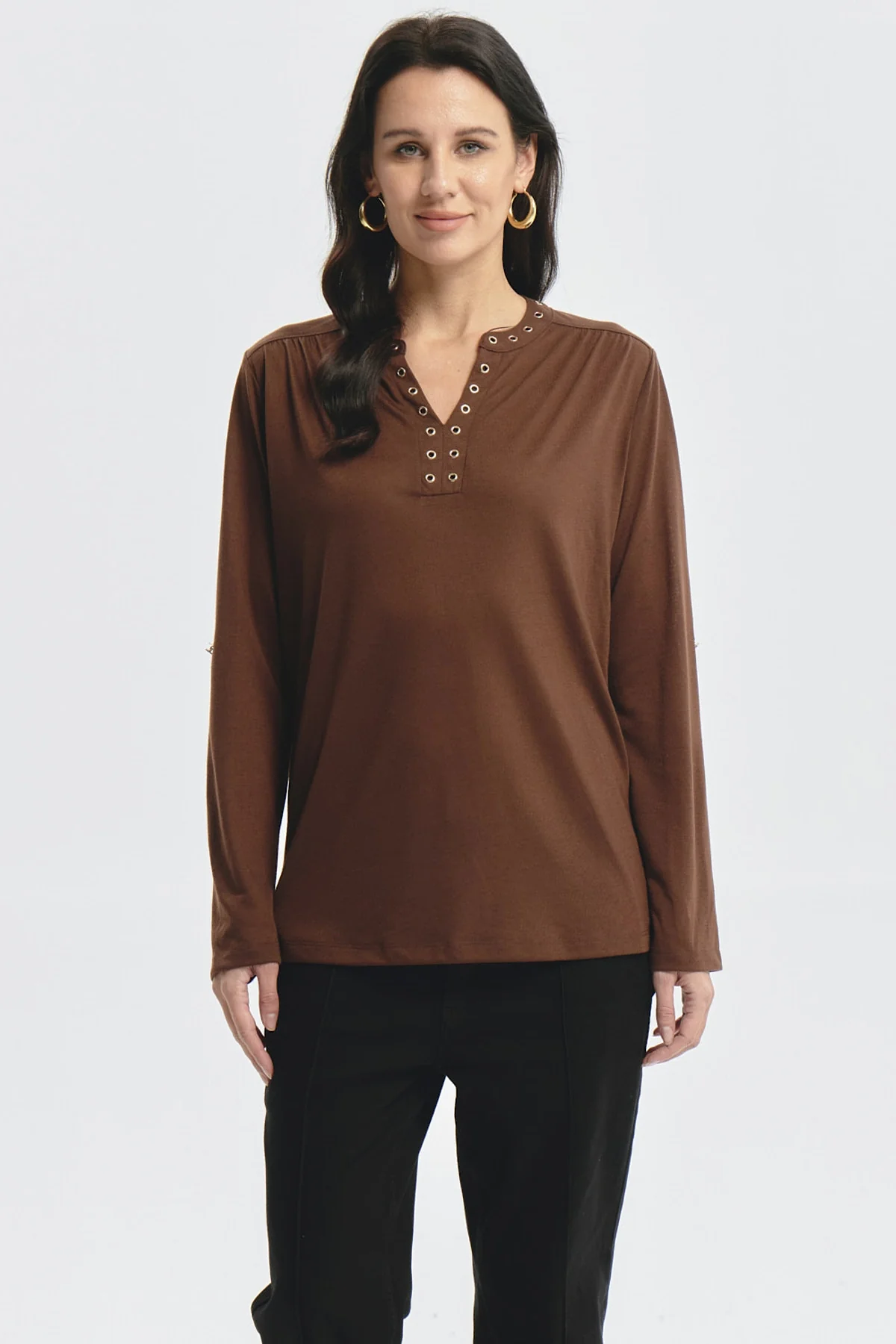 Polera Mujer Cuello Abotónado Café
