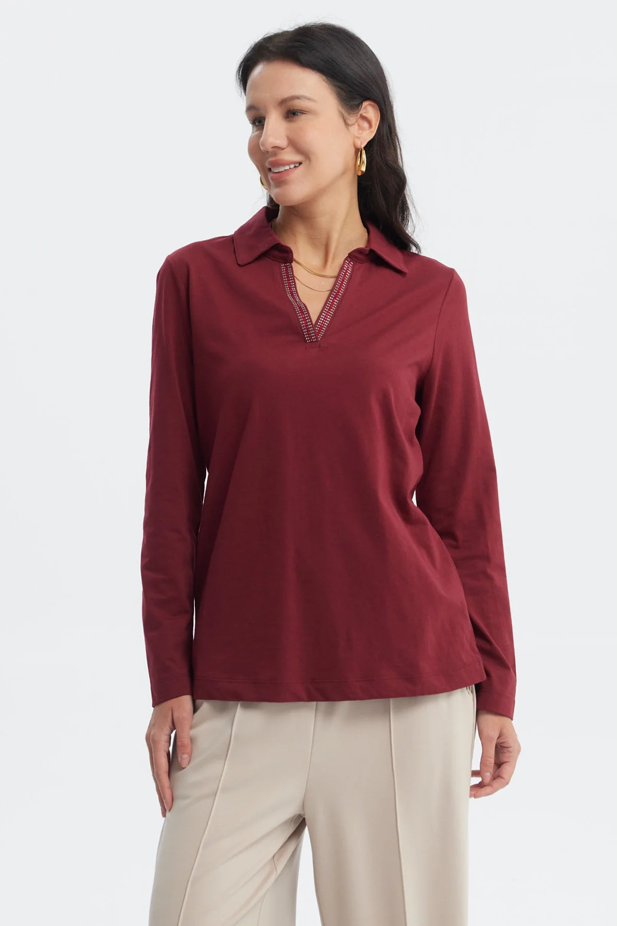 Polera Mujer Cuello Camisero Rojo