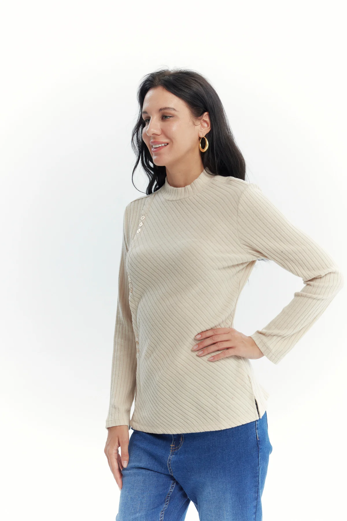 Polera Mujer Detalle Botones Beige Oscuro - Image 2