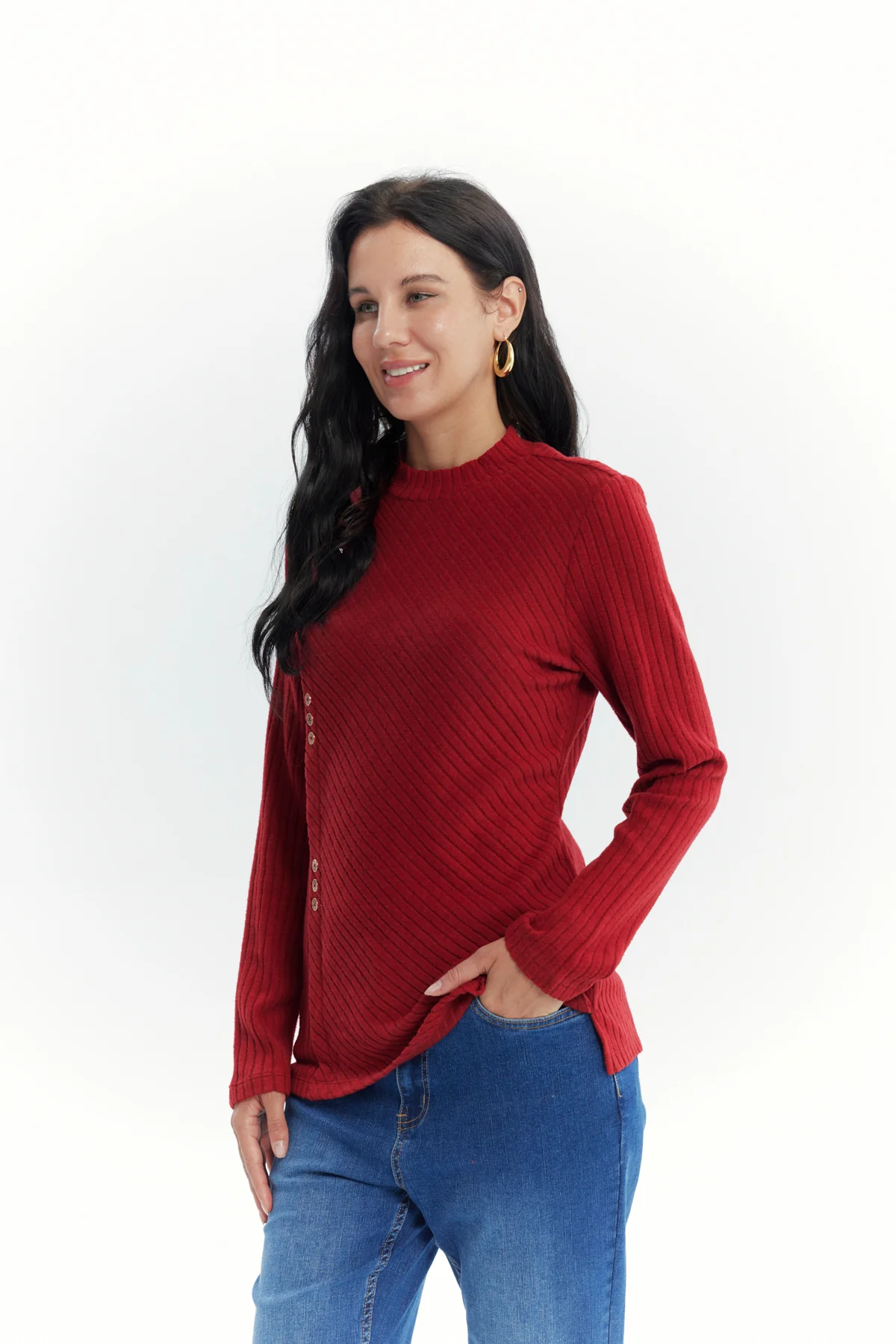 Polera Mujer Detalle Botones Rojo Oscuro - Image 2