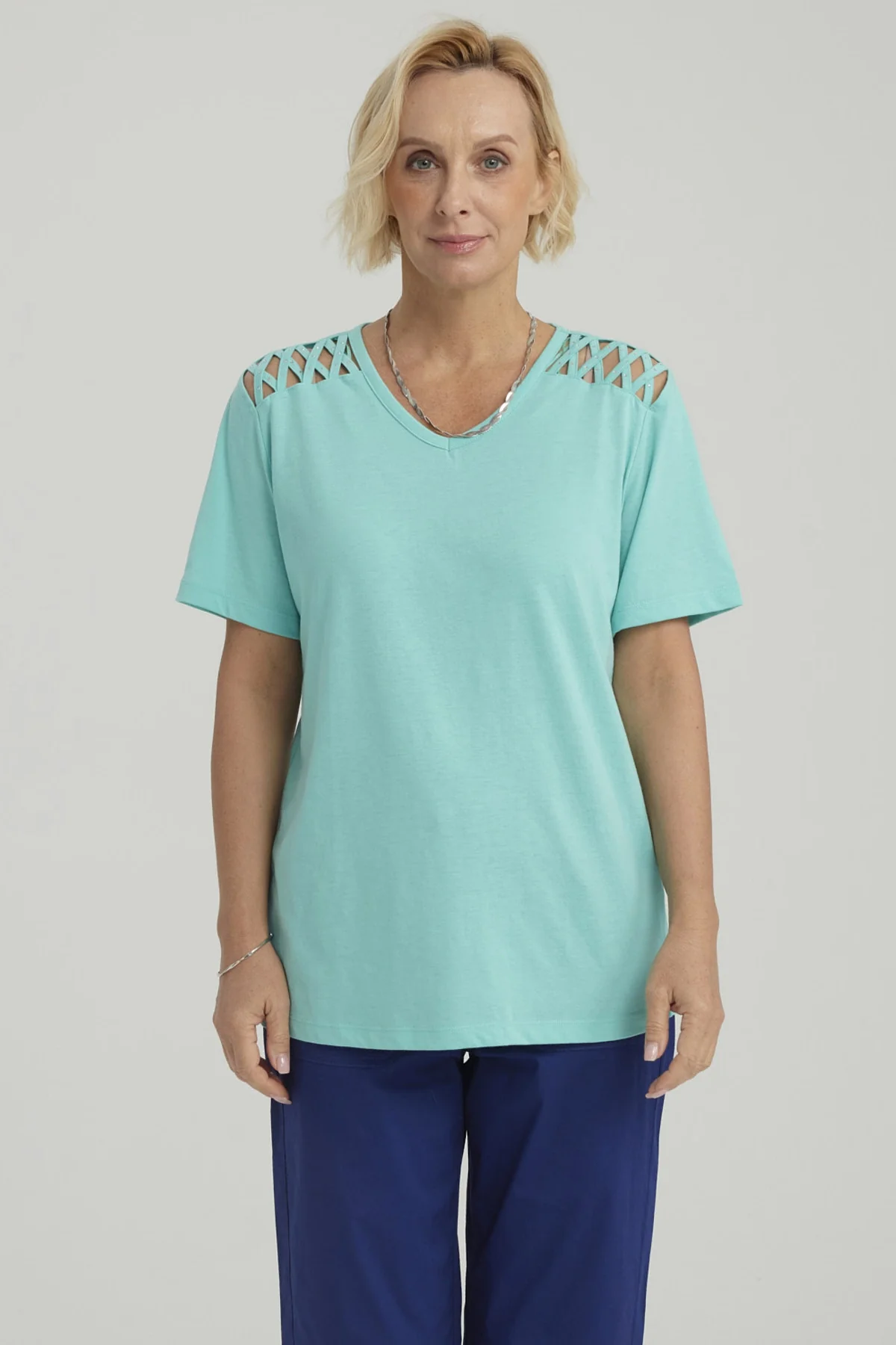 Polera Mujer Detalle Hombro Turquesa