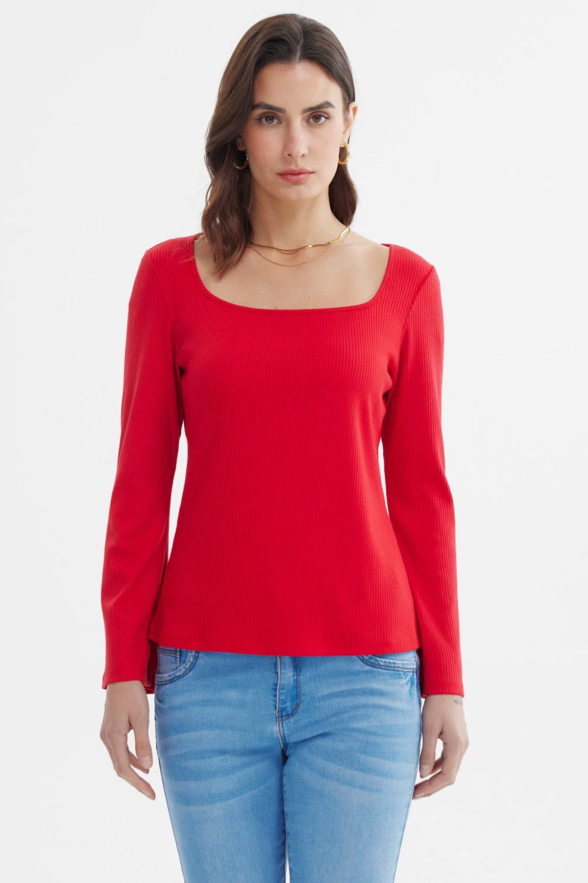 Polera Mujer Escote Bardot Rib Rojo
