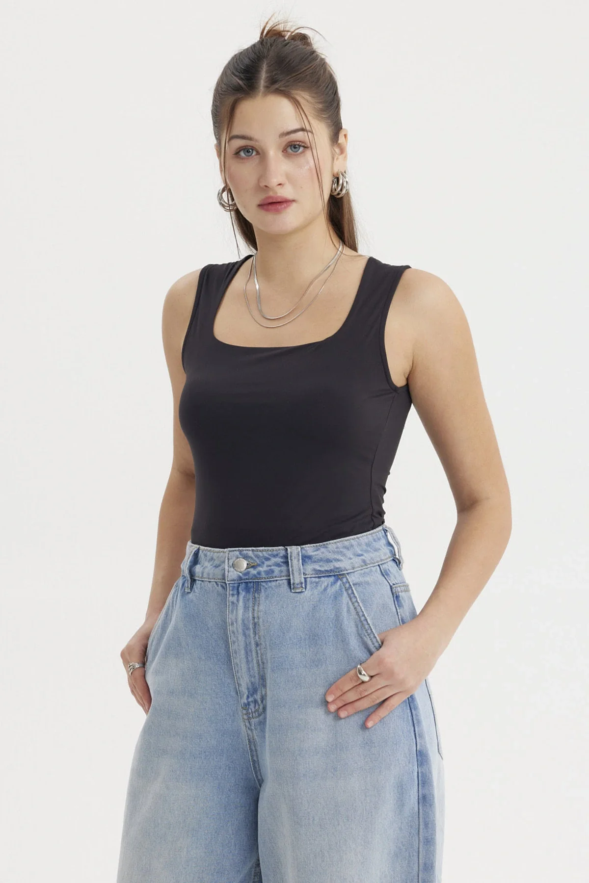 Polera Mujer Escote Cuadrado Liso Negro