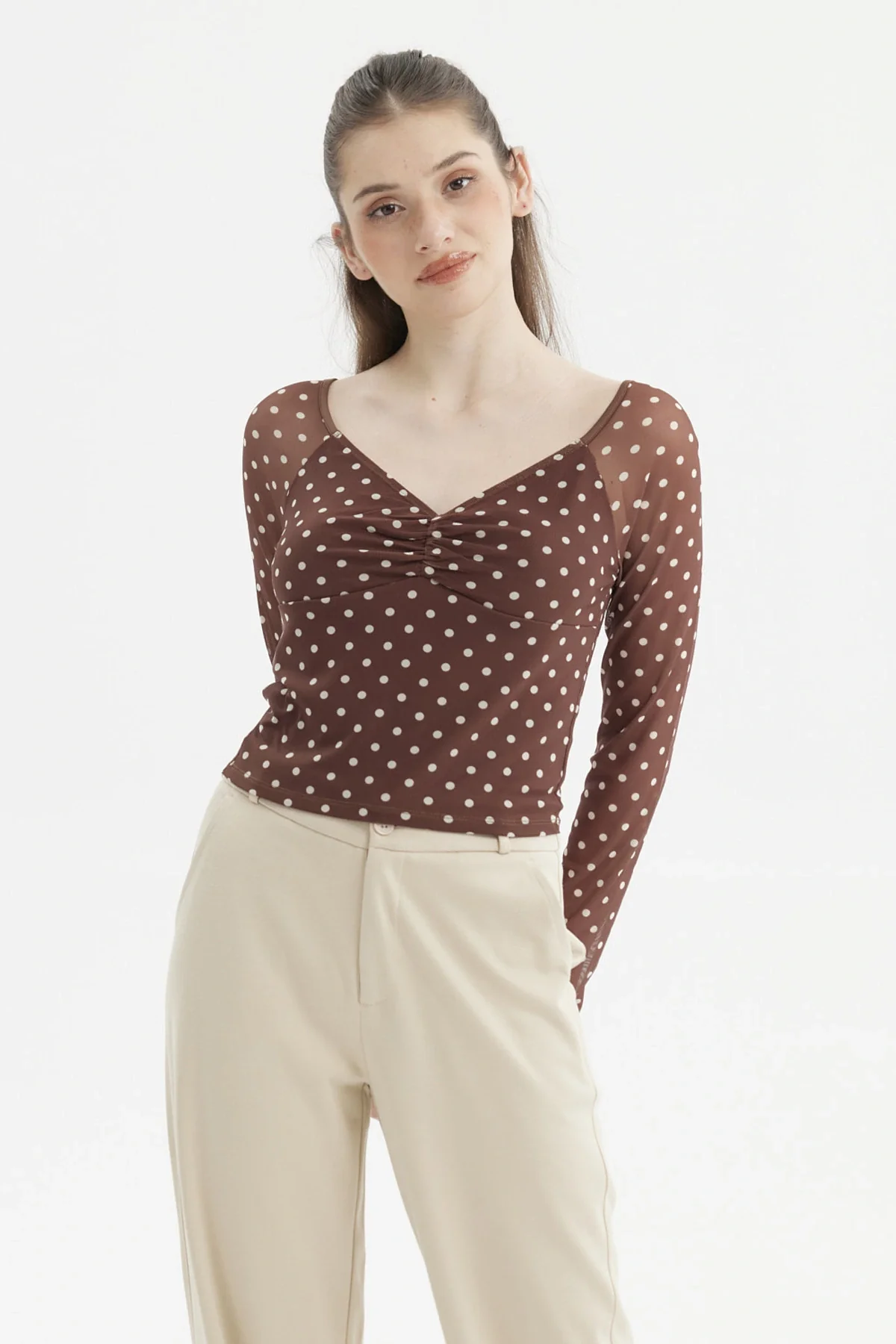 Polera Mujer Escote Recogido Café Oscuro