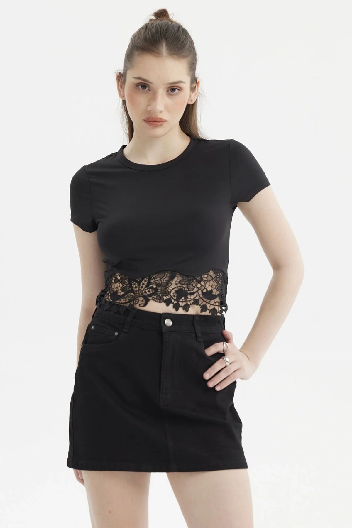 Polera Mujer Lisa Basta Encaje Negro