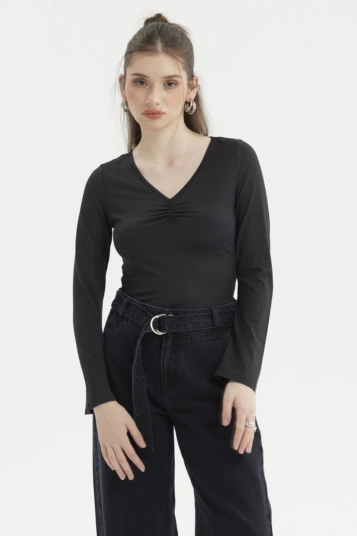 Polera Mujer Recogido Escote Negro