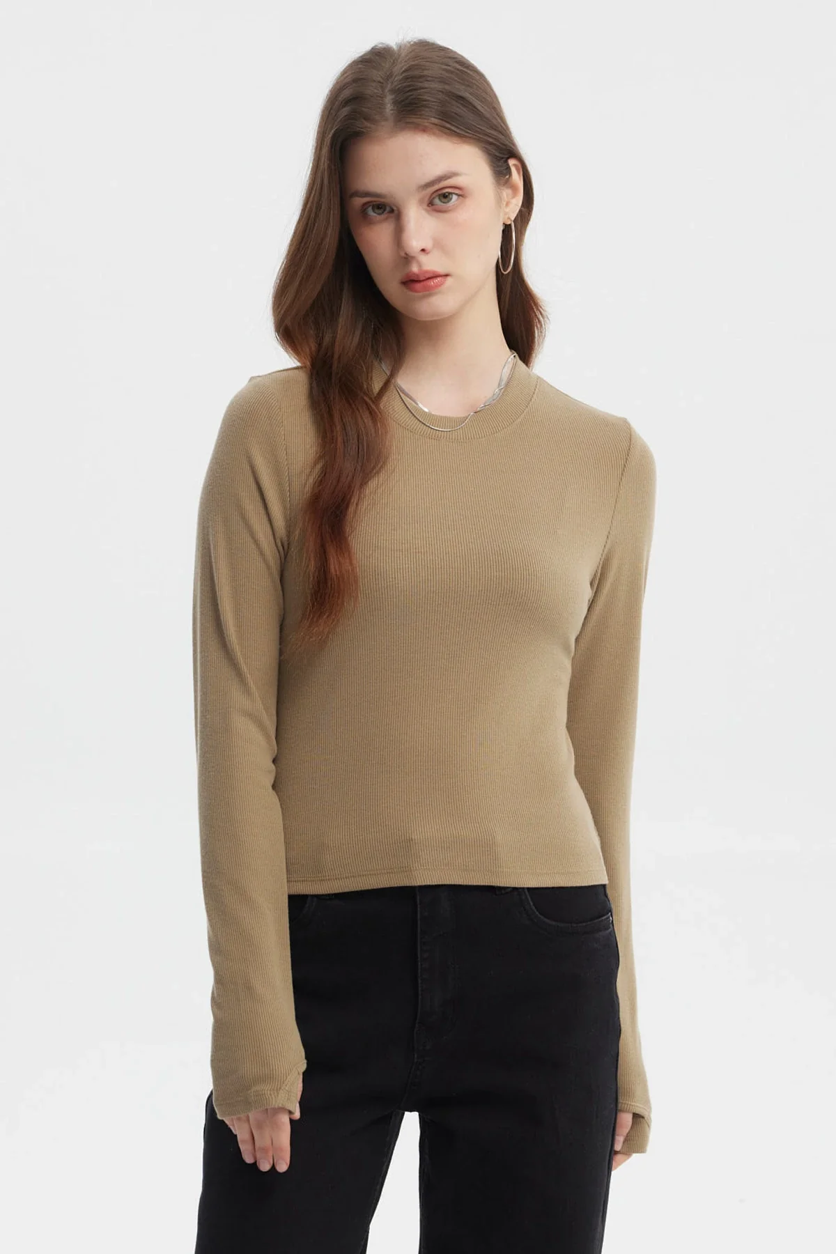 Polera Mujer Rib Abertura Puño Verde Olivo