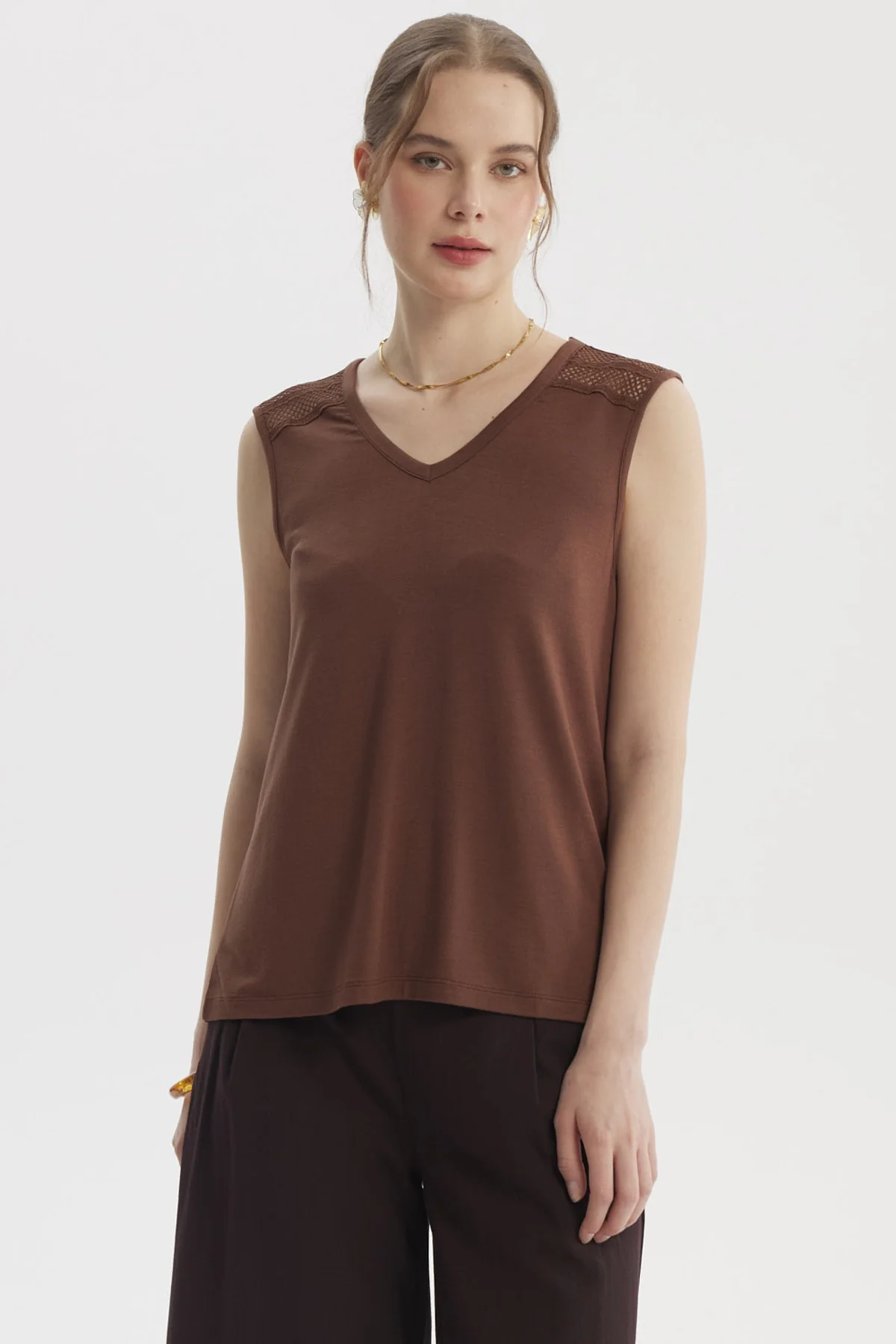 Polera Mujer Tape En Hombro Café Claro
