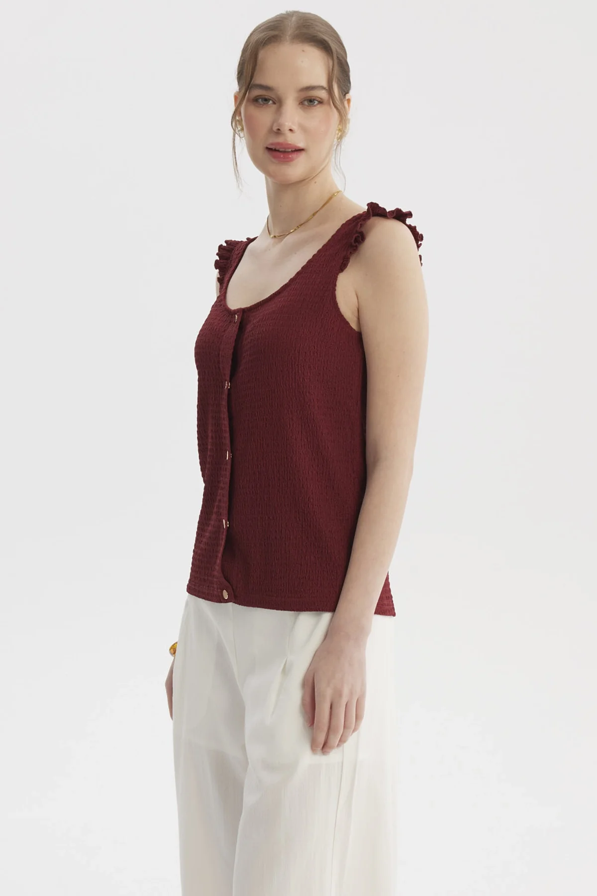 Polera Mujer Vuelo Abotonado Vino - Image 2