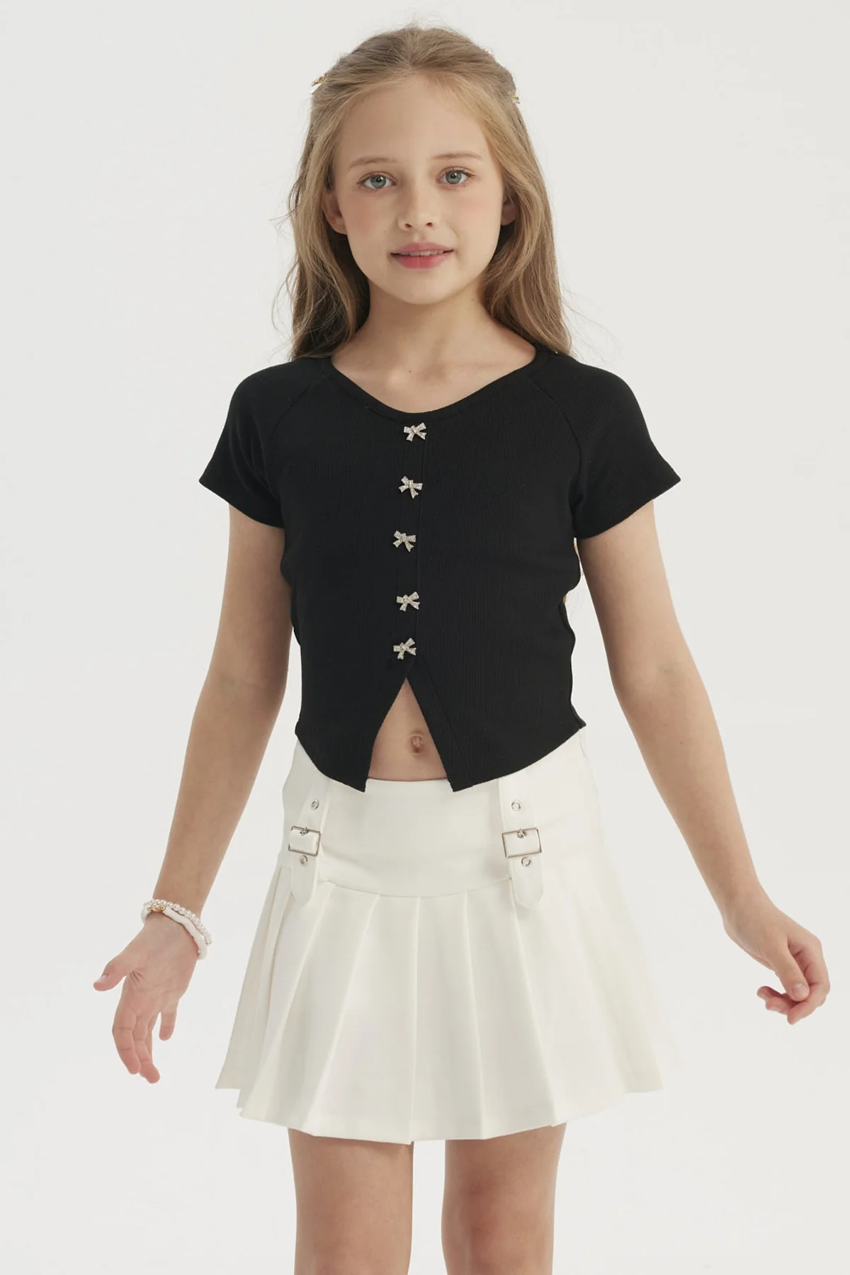 Polera Niña Botones De Lazo Negro