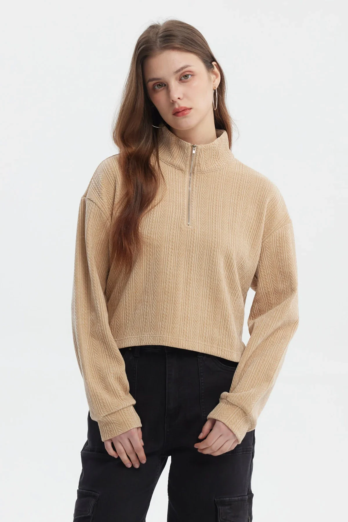 Polerón Mujer Slim Half Zipper Beige