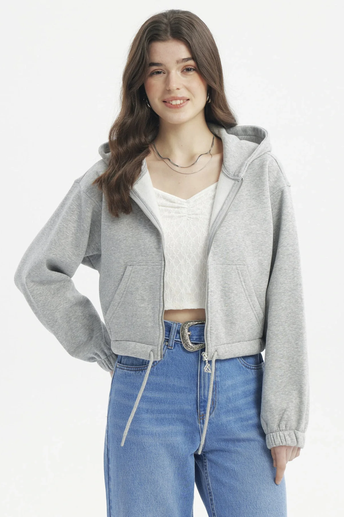 Polerón Mujer Zipper Crop Gris Melange