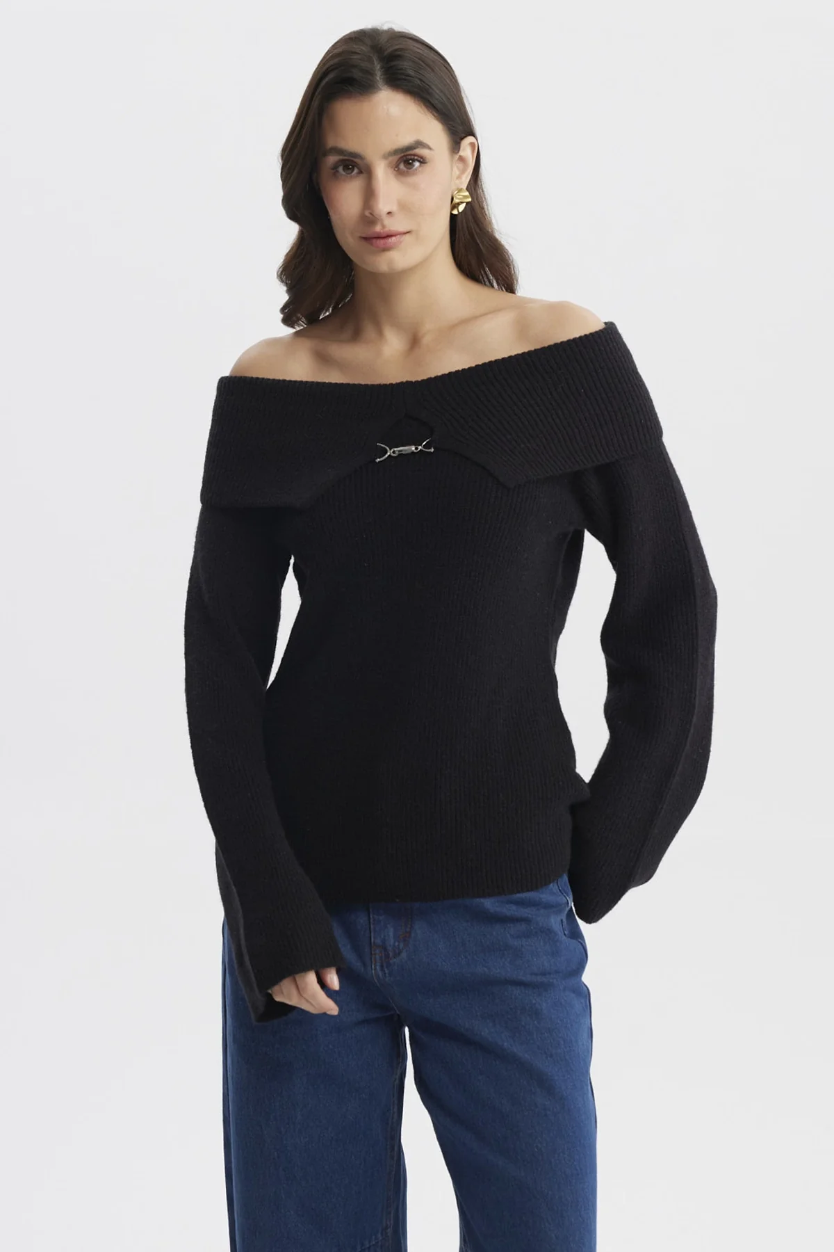 Sweater Mujer Ajustado Hombro Descubierto Negro