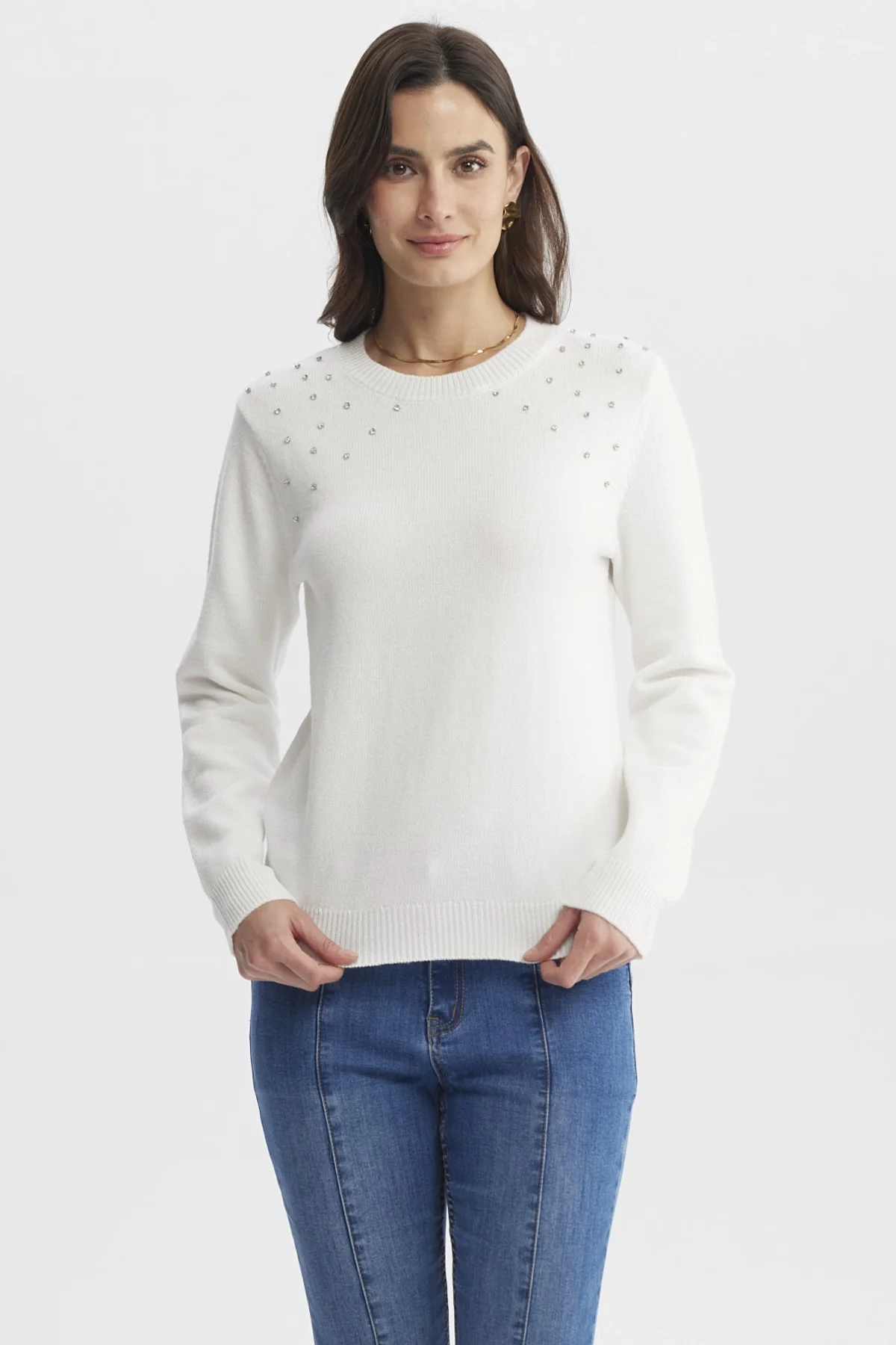 Sweater Mujer Cuello Strass Crudo