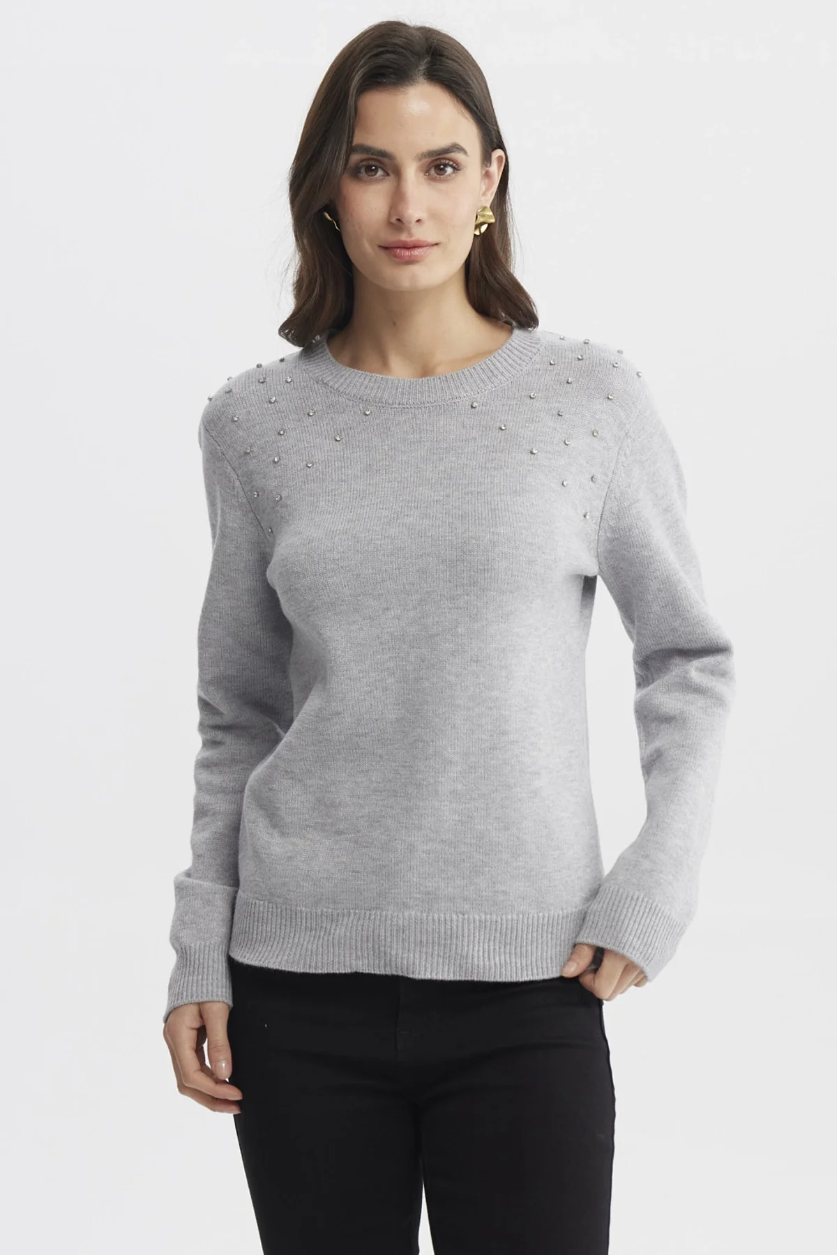 Sweater Mujer Cuello Strass Gris